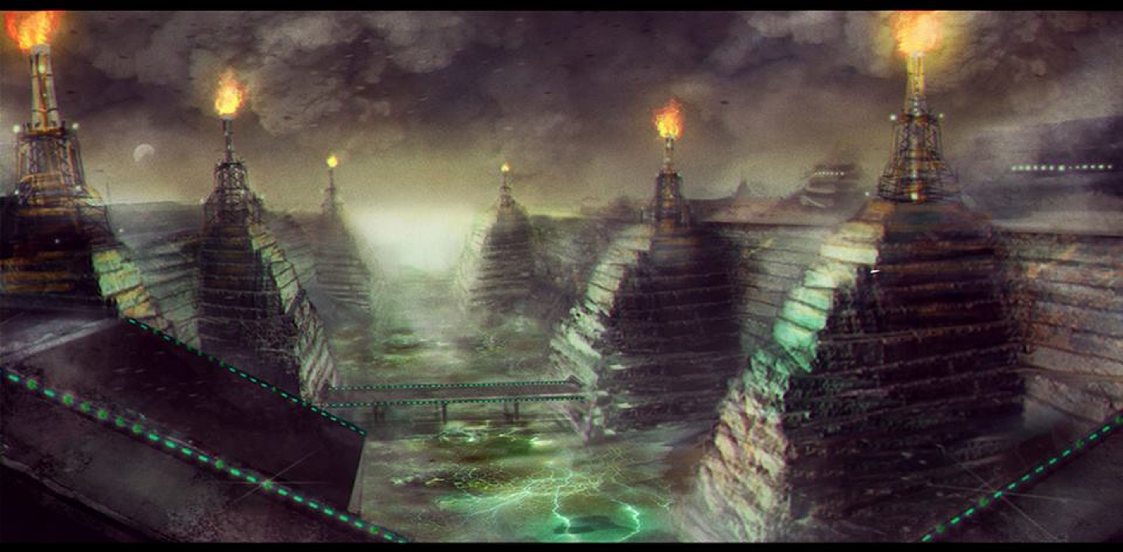 Las chimeneas de las fábricas contrastan con una arquitectura propia de los mayas o aztecas.