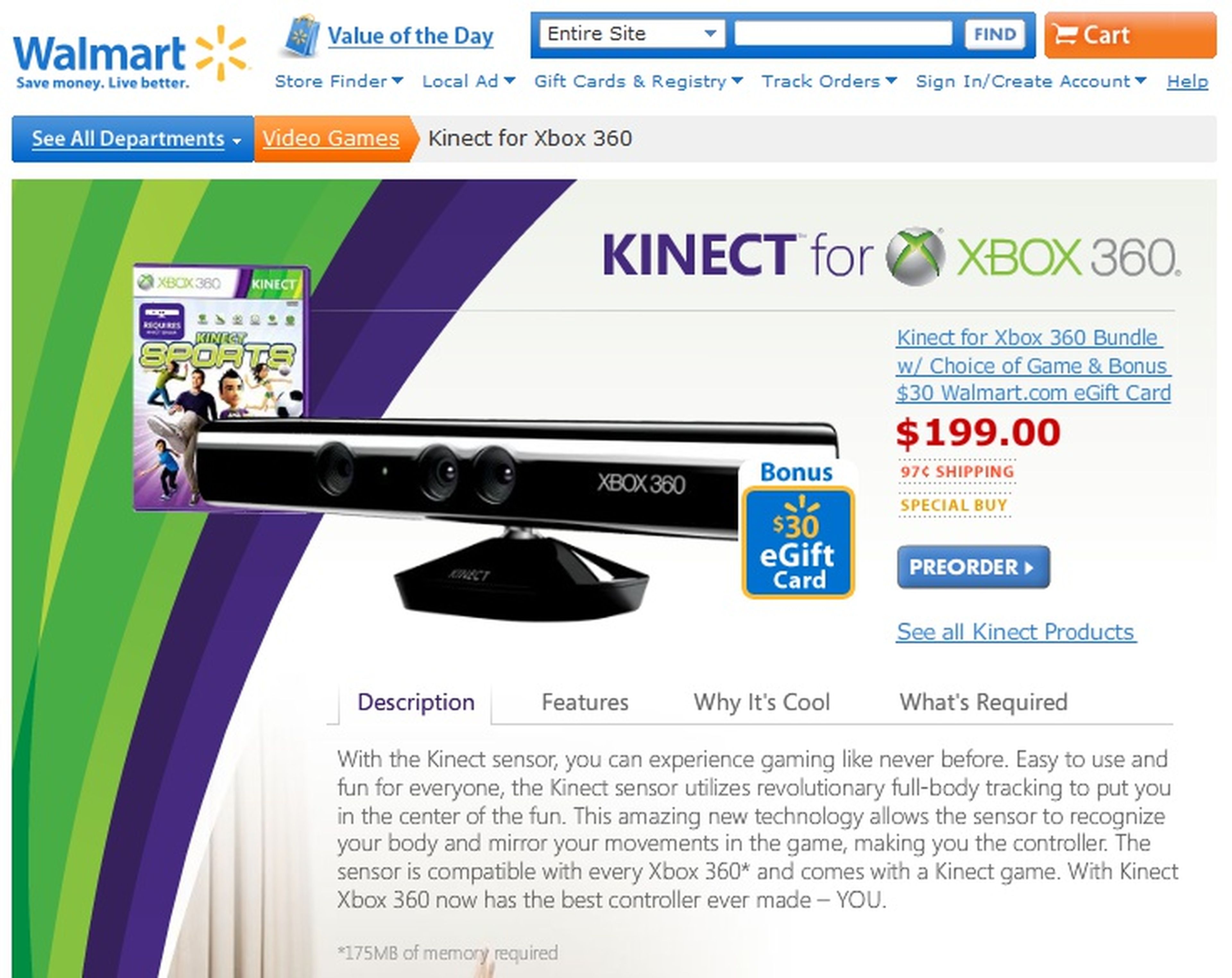 Kinect y juego por 199$ en Wallmart