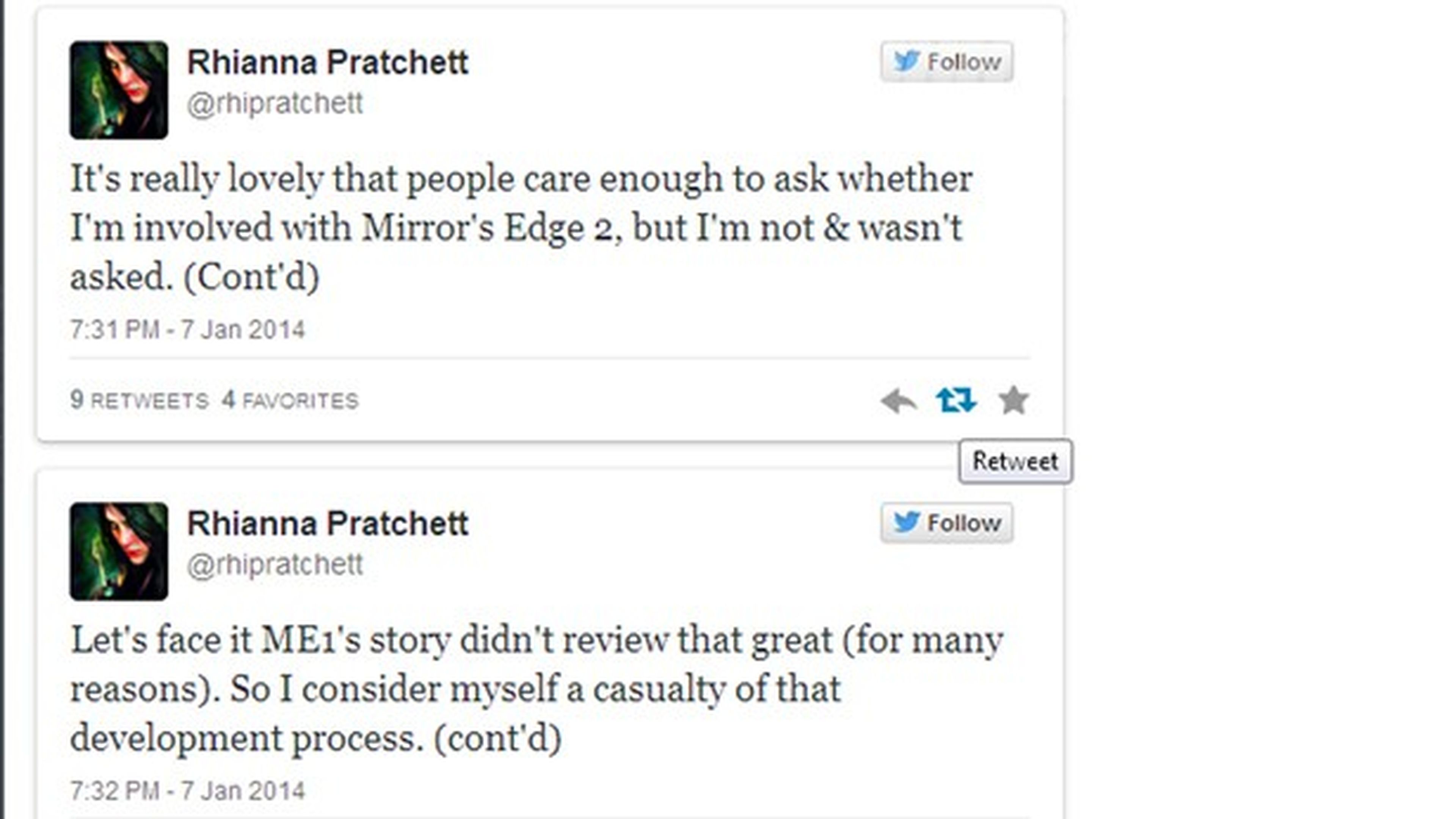 Rihanna Pratchett no escribirá el guión de Mirror's Edge 2