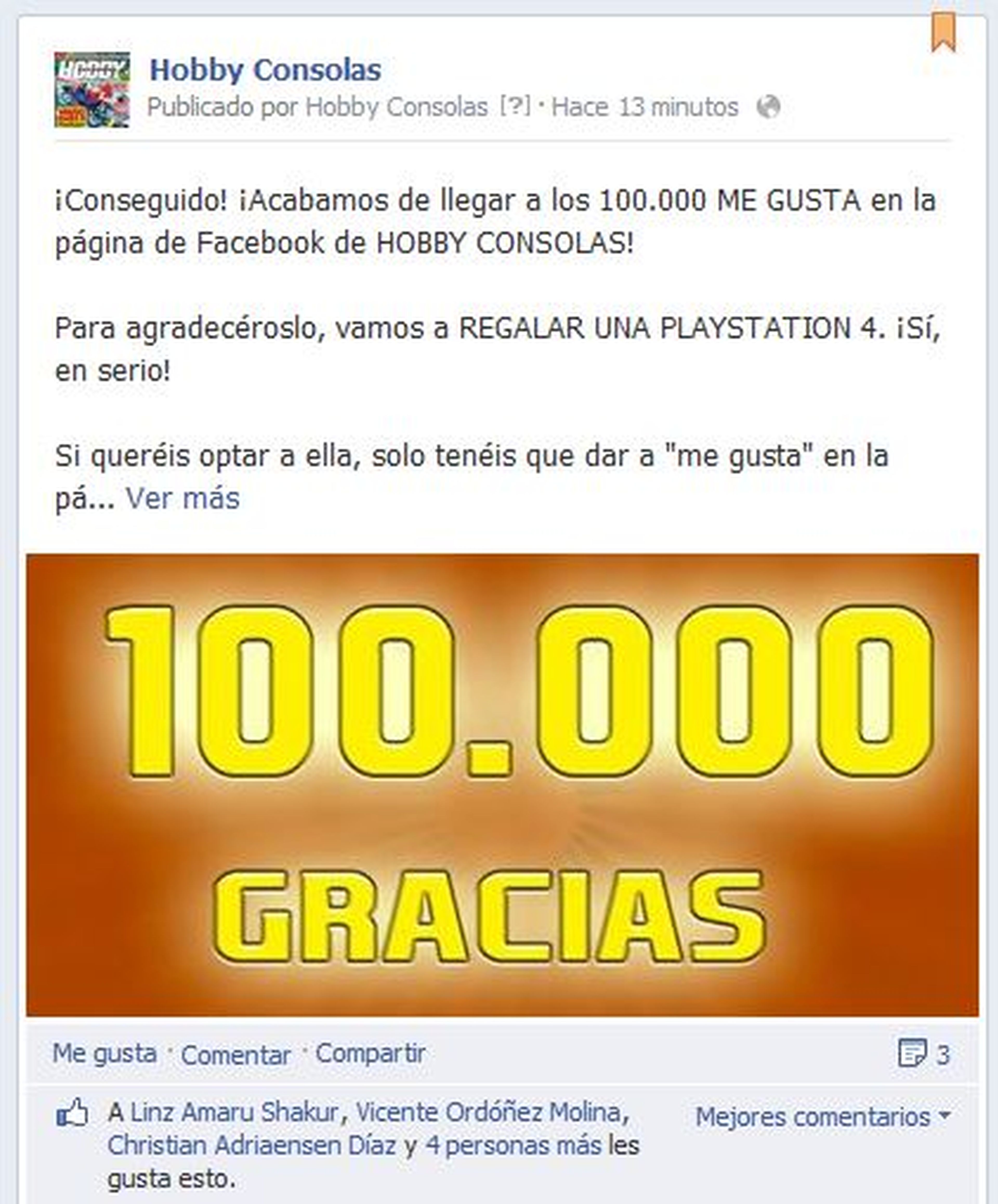 100.000 "me gusta" en nuestro Facebook. ¡Regalamos una PS4!