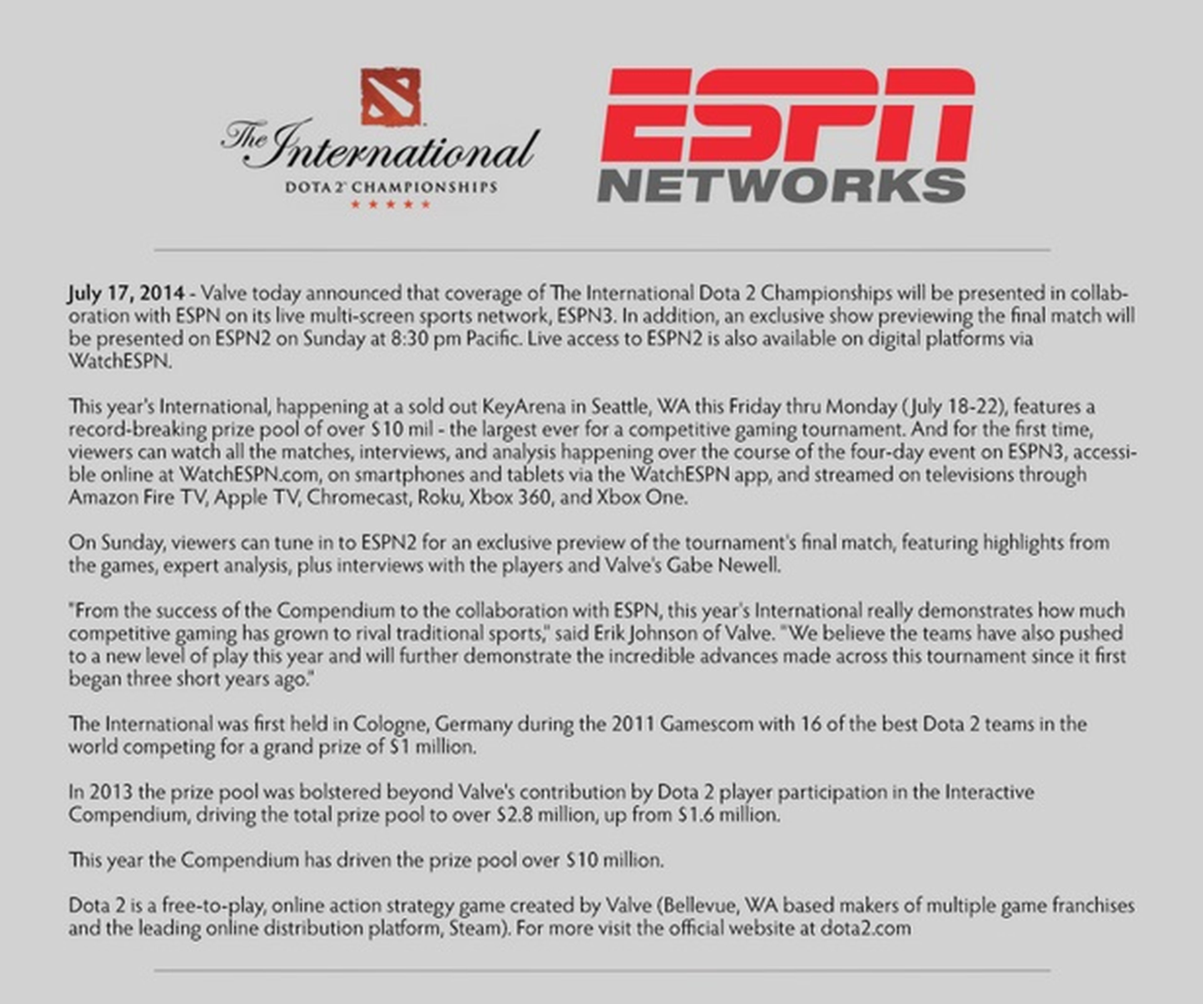 ESPN retransmitirá The International de Dota 2