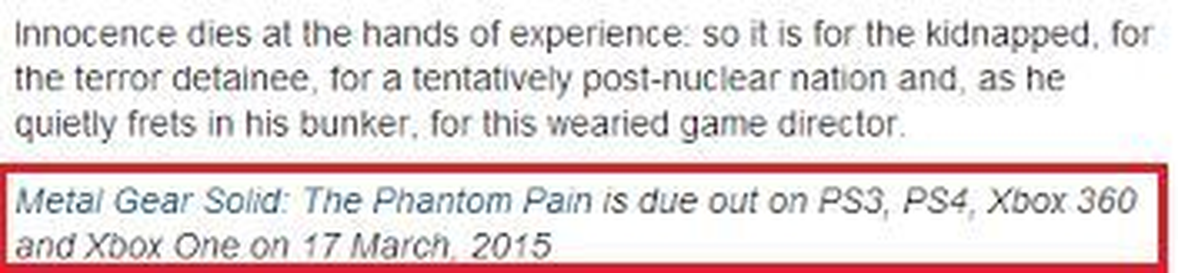 Posible fecha de Metal Gear Solid V The Phantom Pain
