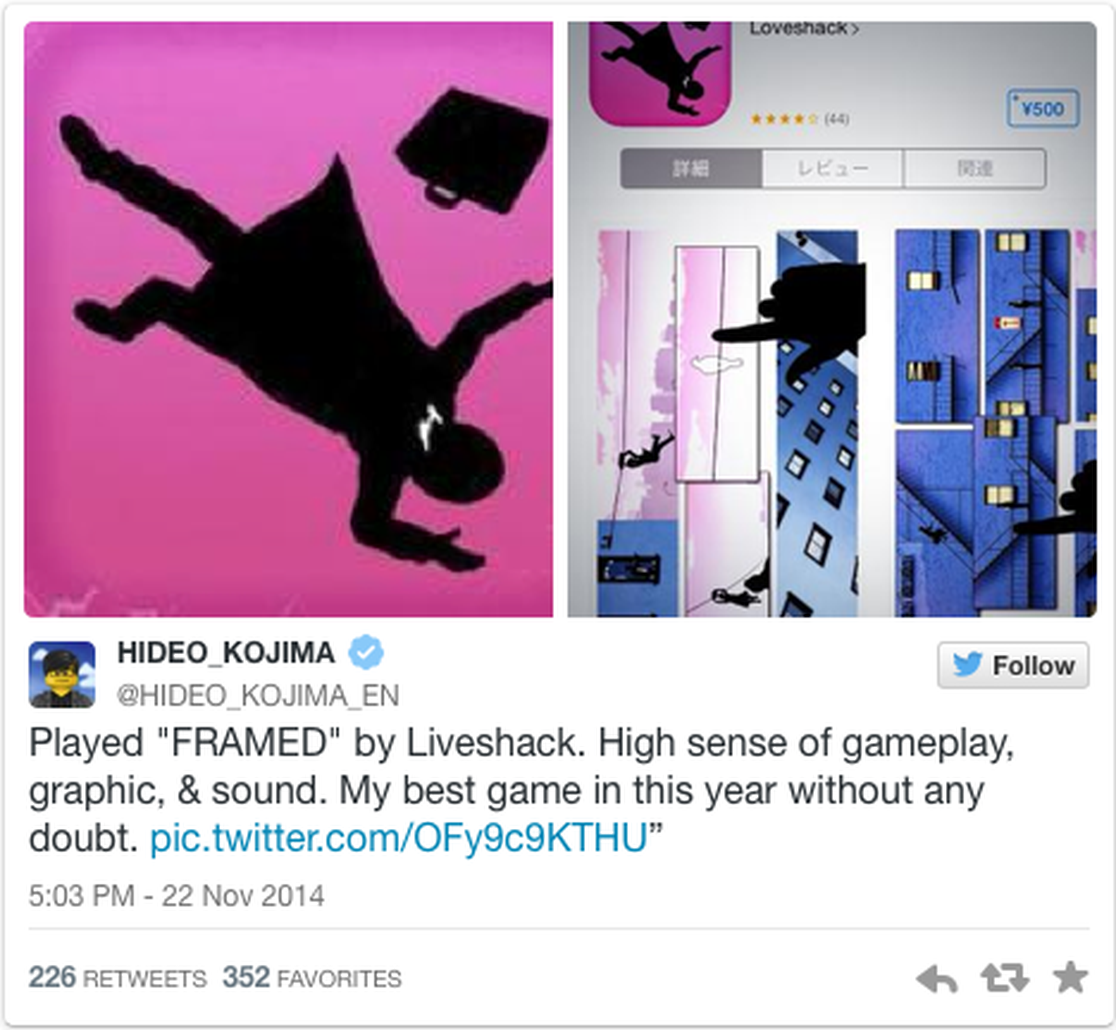 Framed es el GOTY 2014 de Hideo Kojima