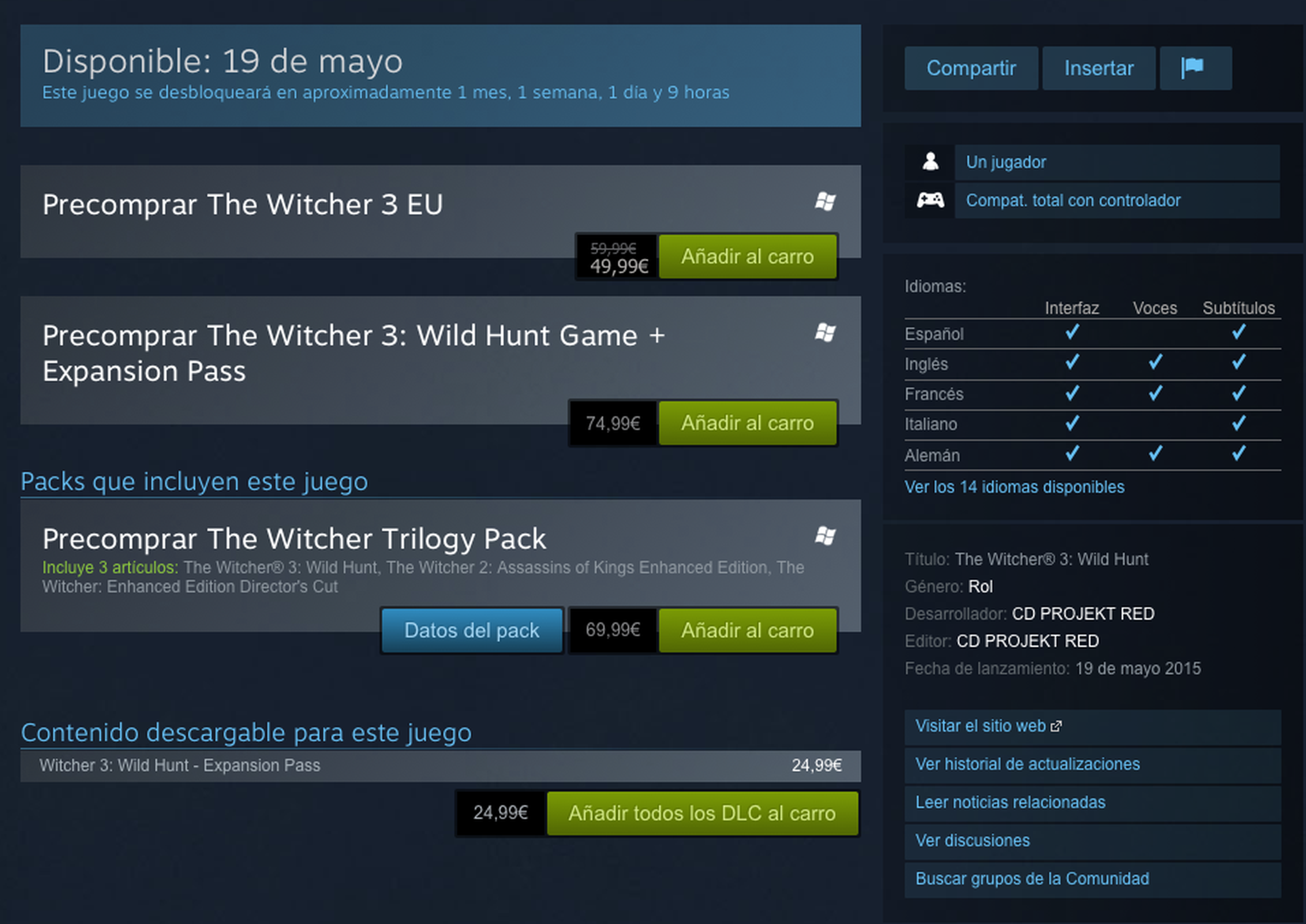 The Witcher 3: precio del pase de expansión