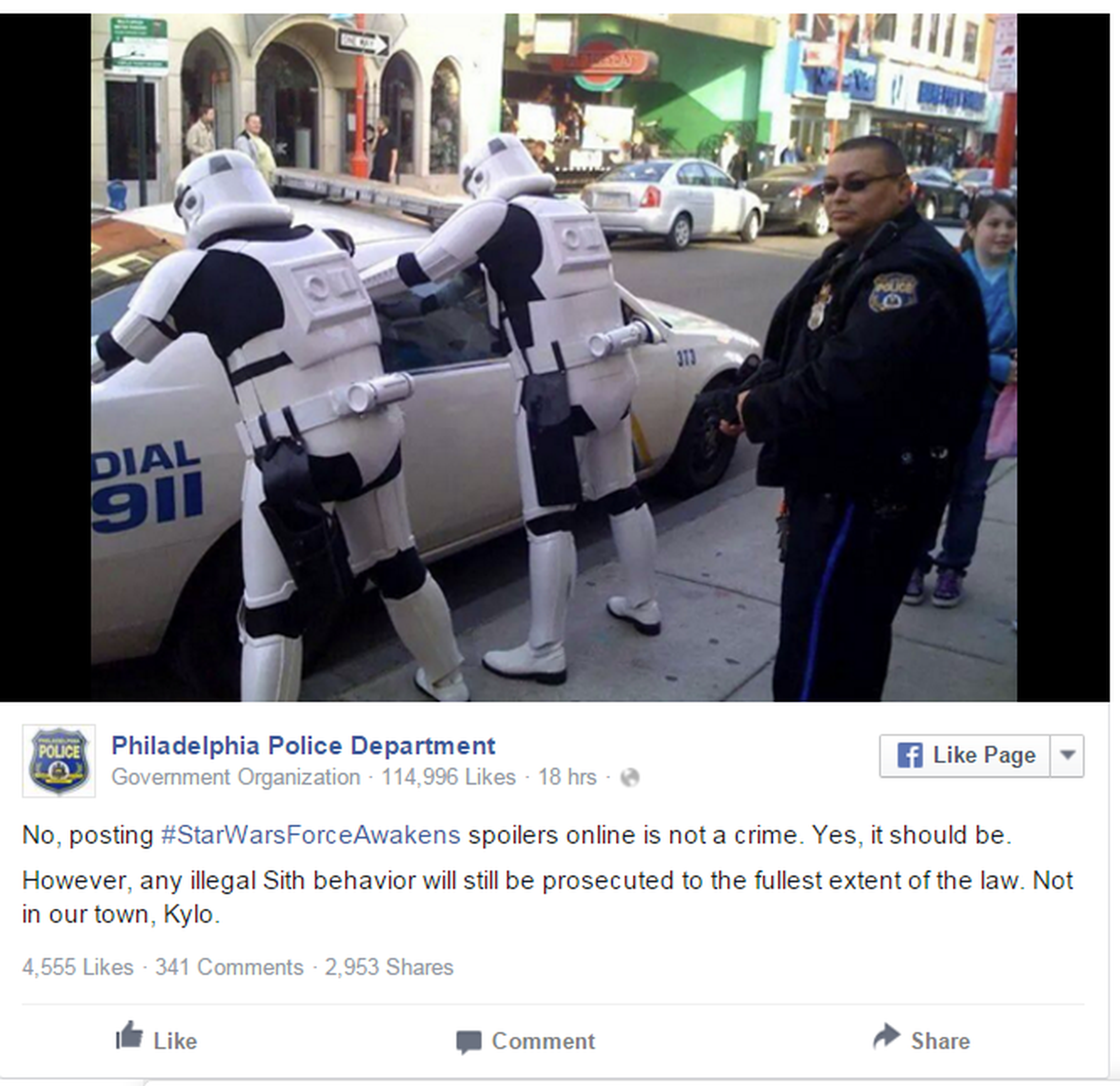 Spoilear Star Wars: El despertar de la Fuerza debería ser delito según la policia de Philadelphia