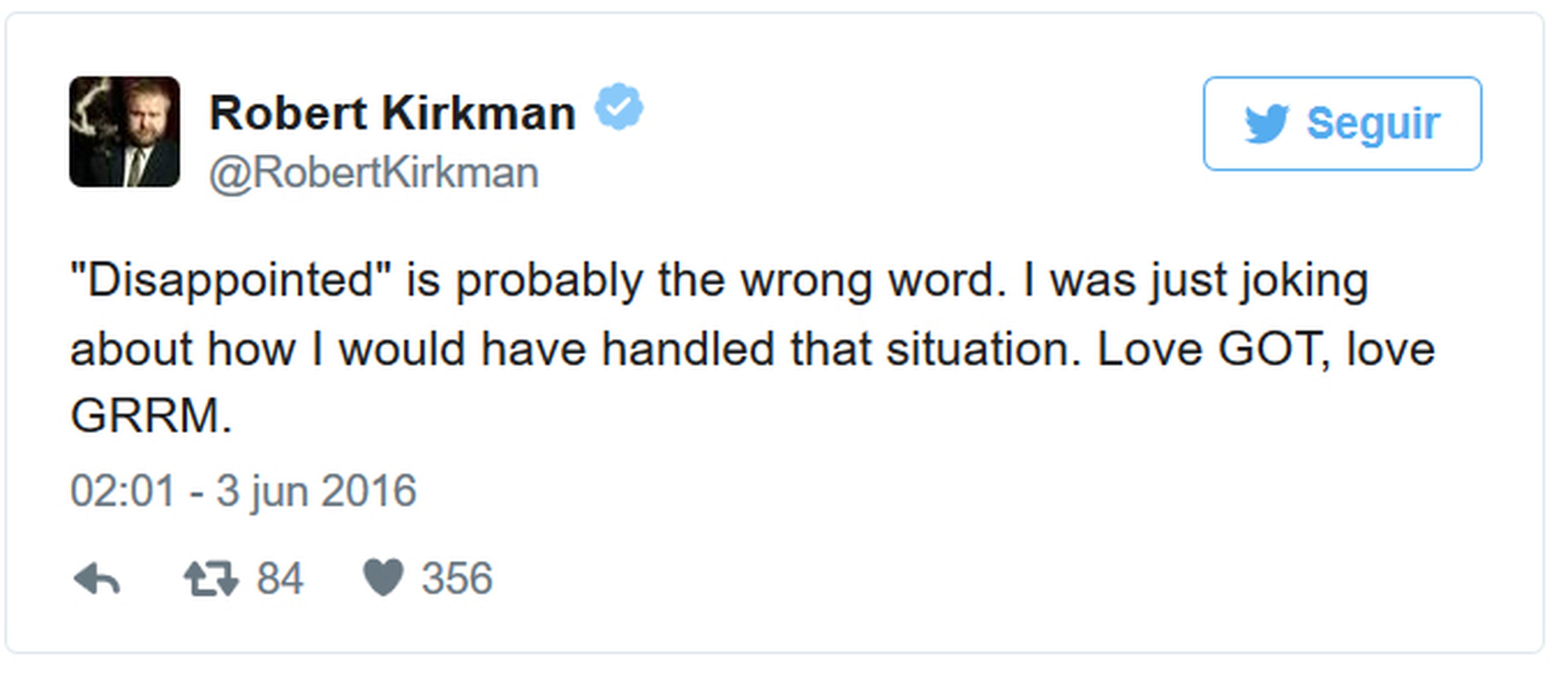 Robert Kirkman (The Walking Dead) rectifica sus críticas a George R.R. Martin