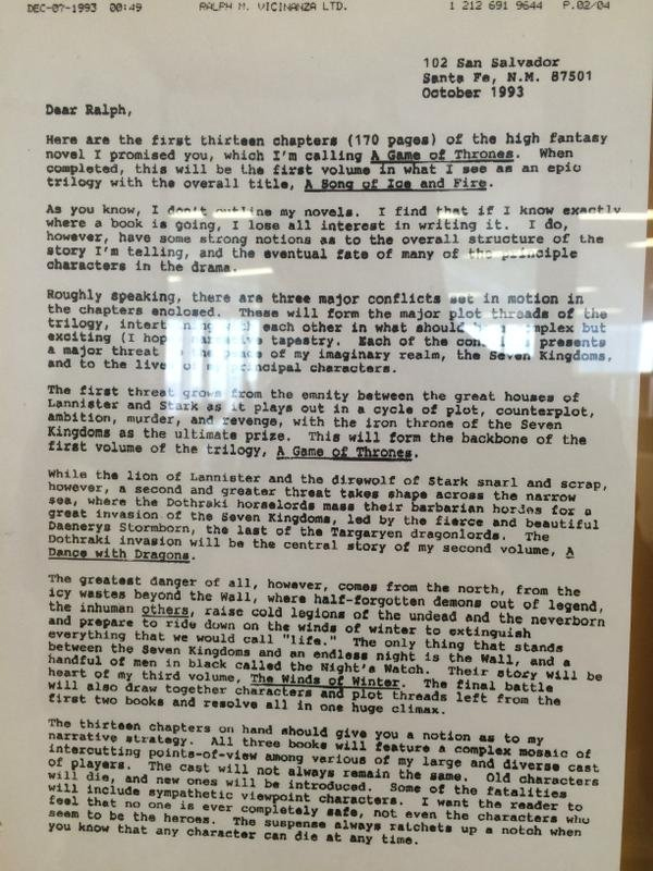 Carta de George R.R. Martin. Pág.1 Juego de tronos, Canción de hielo y fuego, libros