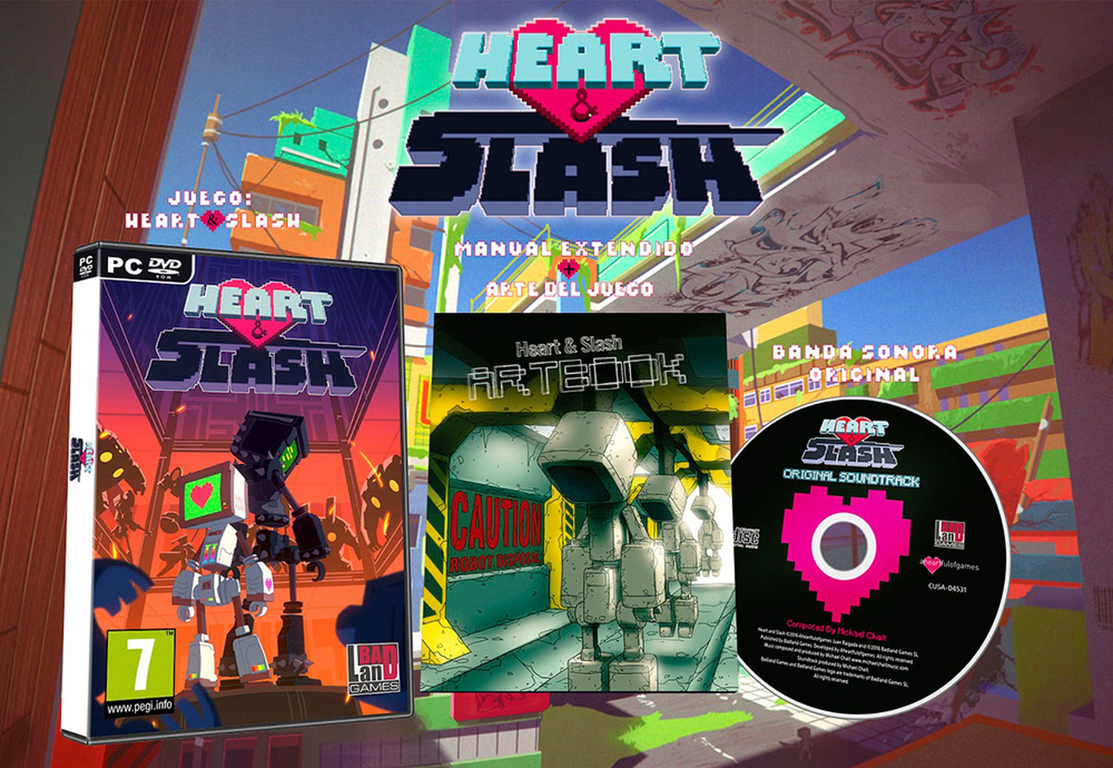 La edición física de Heart&Slash para PC incluye un manual y un CD con la BSO del juego.