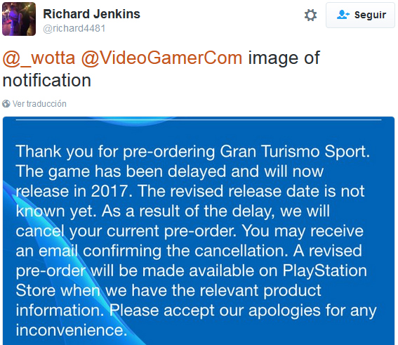 Cancelación GT Sport Cancelación GT Sport