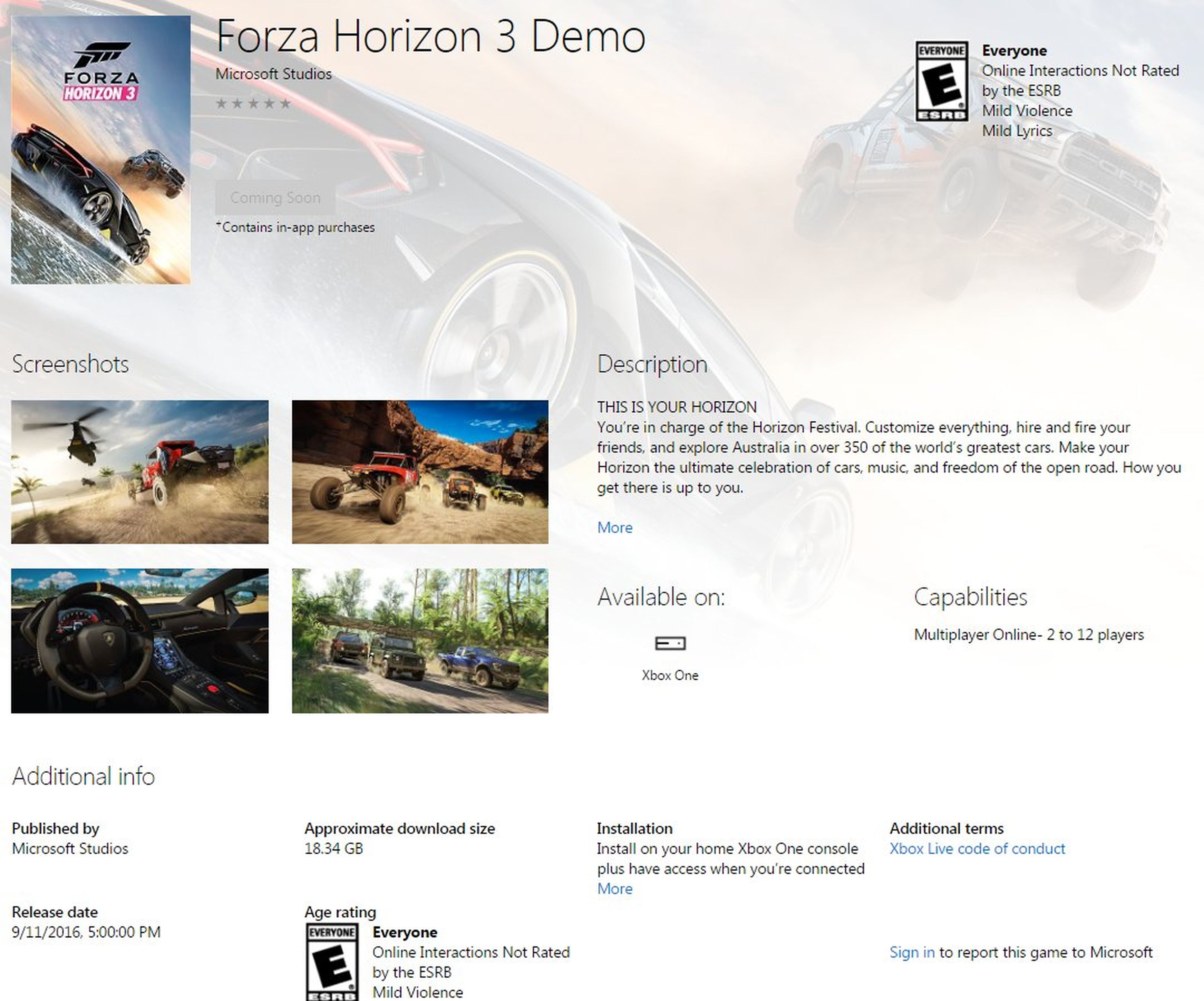 Disponible ya la demo Forza Horizon 3 para Windows 10