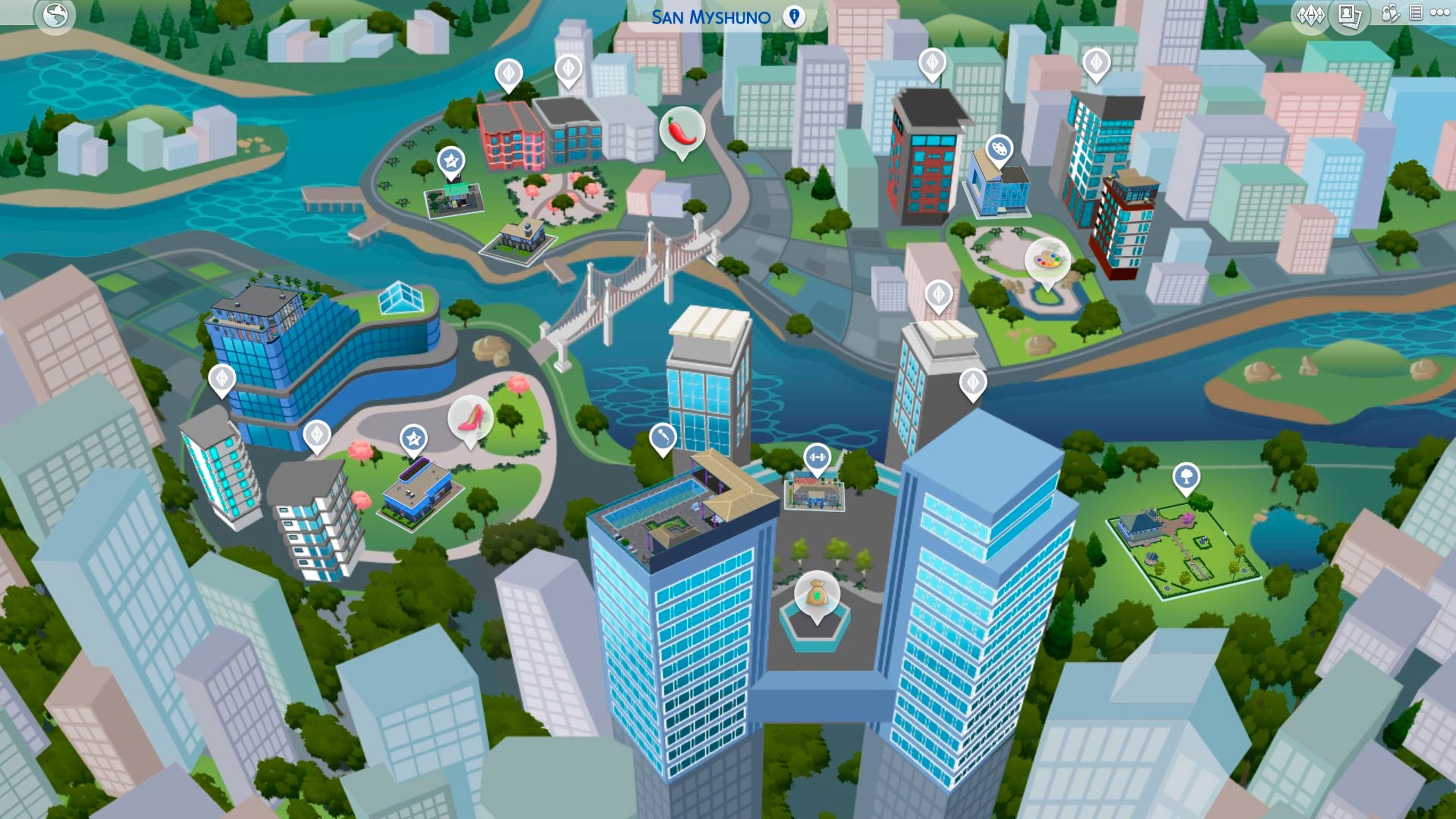 Plano de San Myshuno, que te permite elegir donde quieres ir en Los Sims 4: Urbanitas.