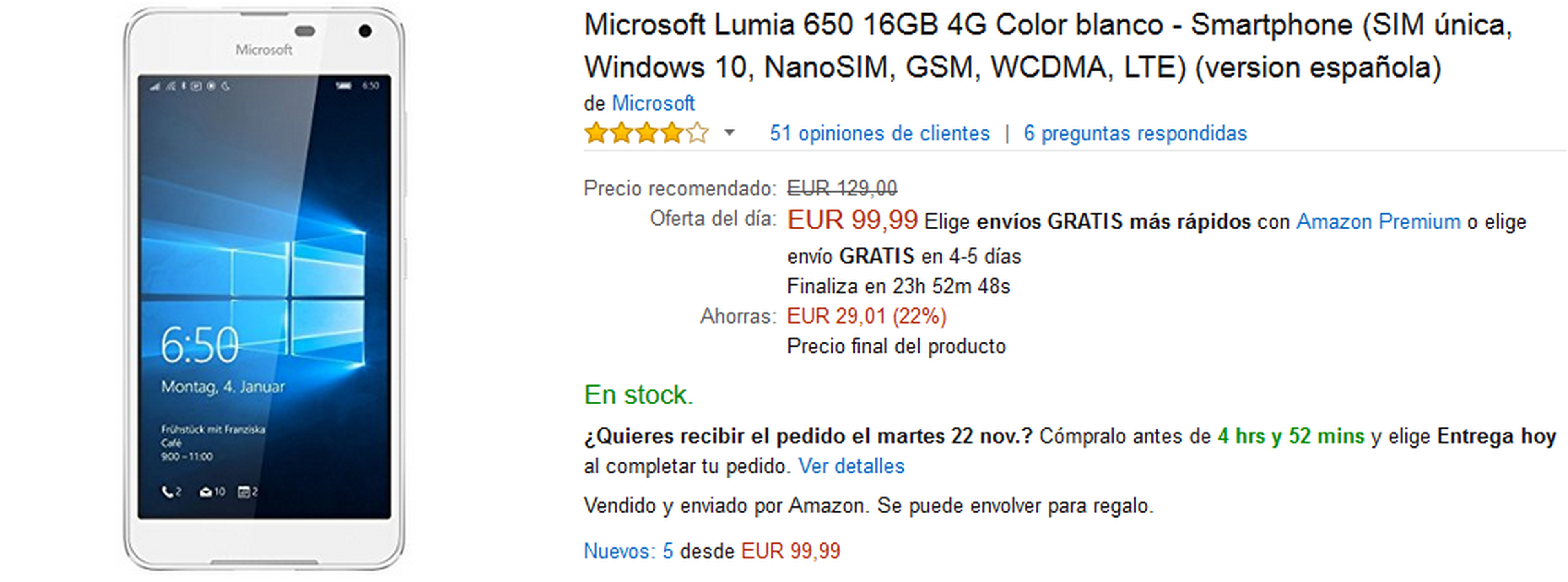 Microsoft Lumia 650 por 99,99 €