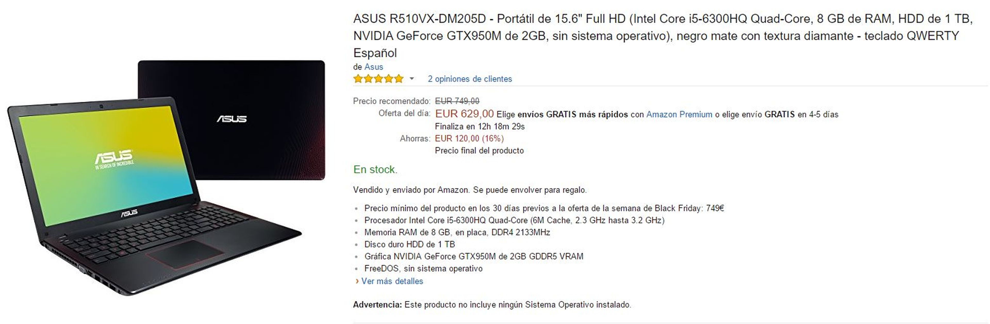Portátil Asus R510VX-DM205D