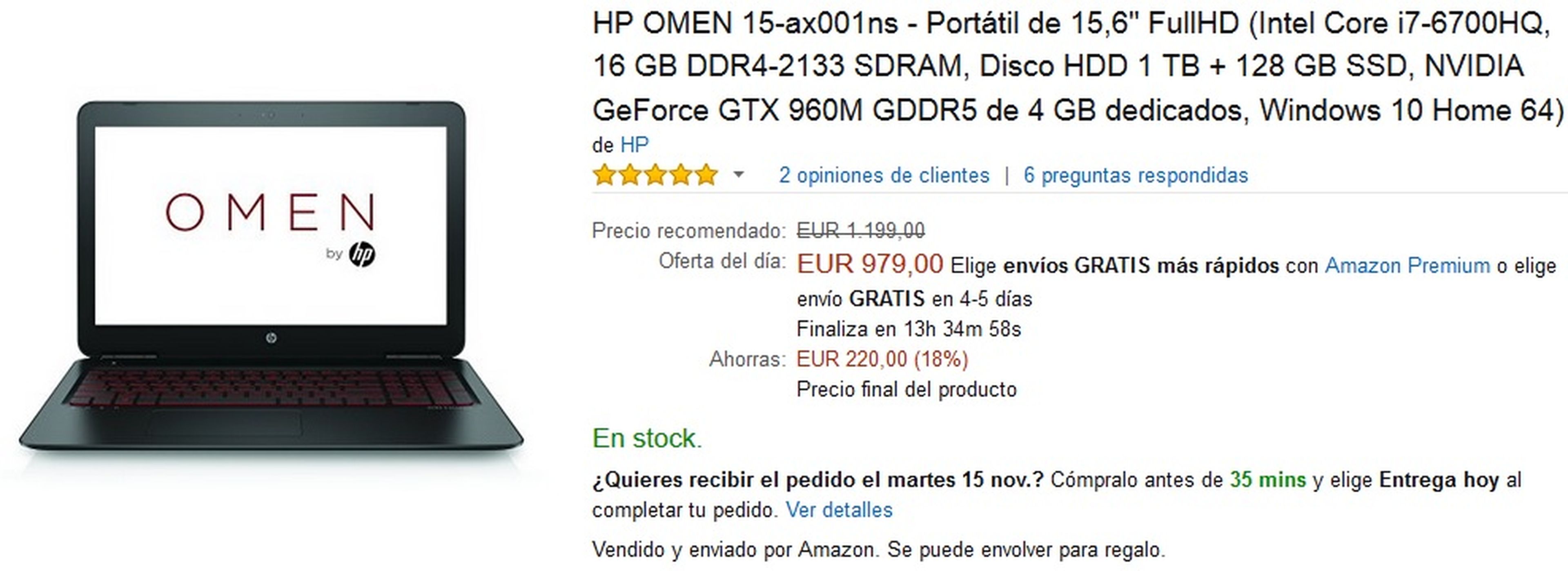 Portátil HP OMEN 15-ax001ns por 979 €
