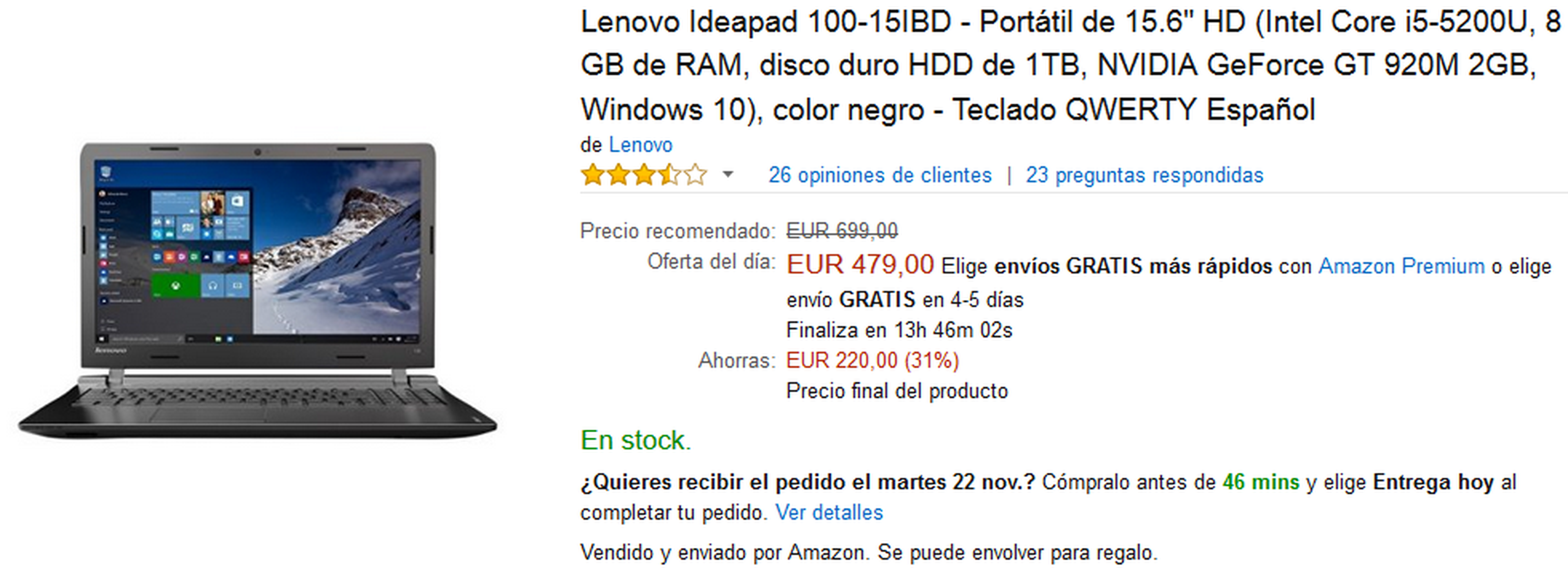 Portátil Lenovo Ideapad 100-15IBD por 479 €