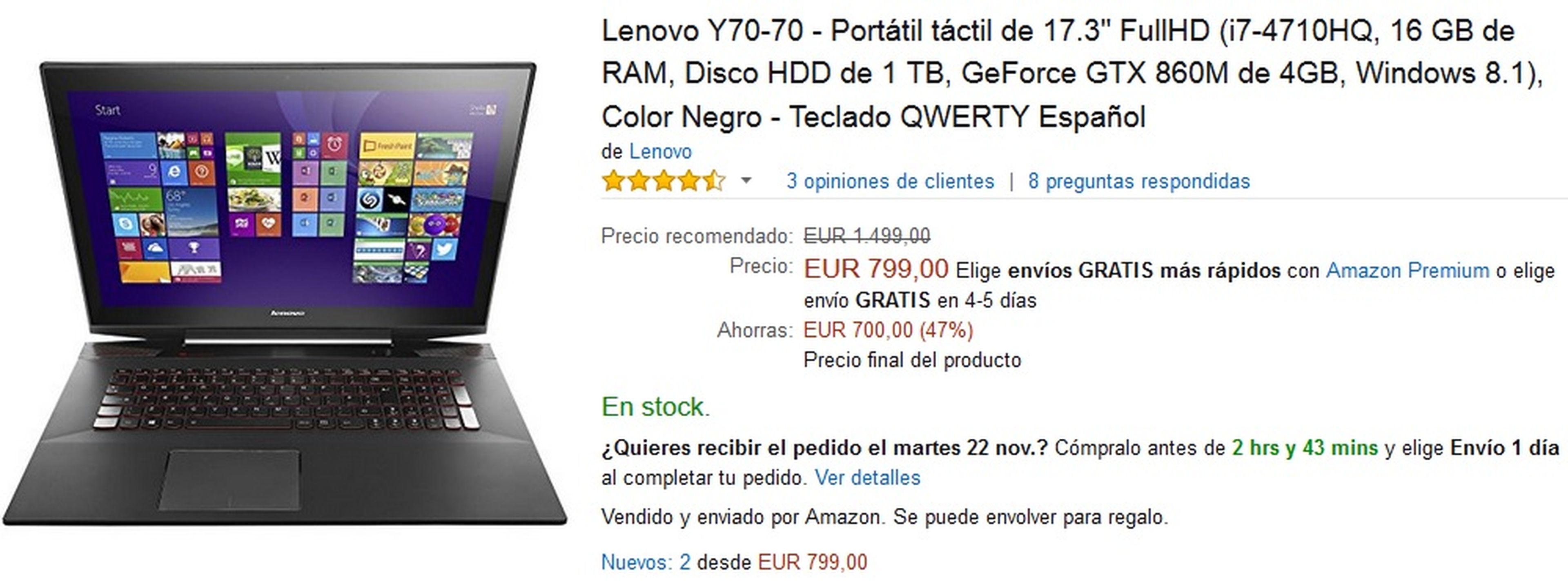 Portátil Lenovo Y70-70 por 799 €