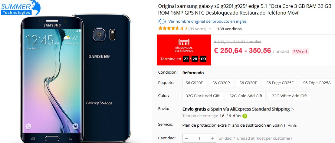 Samsung Galaxy S6 por 250,64 € 11 del 11 AliExpress - Samsung Galaxy S6 por 250,64 €