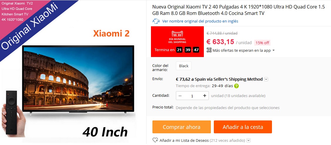 TV 4K Xiaomi 40 Pulgadas por 633,15 € 11 del 11 AliExpress - TV 4K Xiaomi 40 Pulgadas por 633,15 €