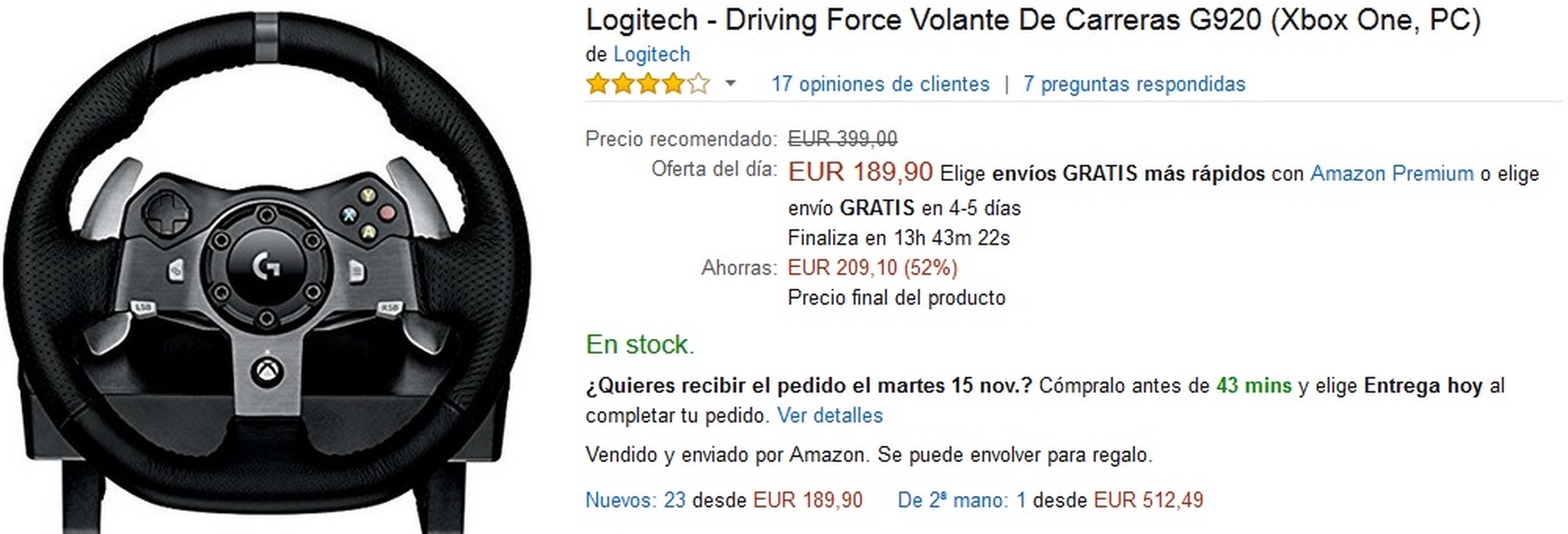 Volante Logitech Driving Force G920 para PC y Xbox One por 189,90 €