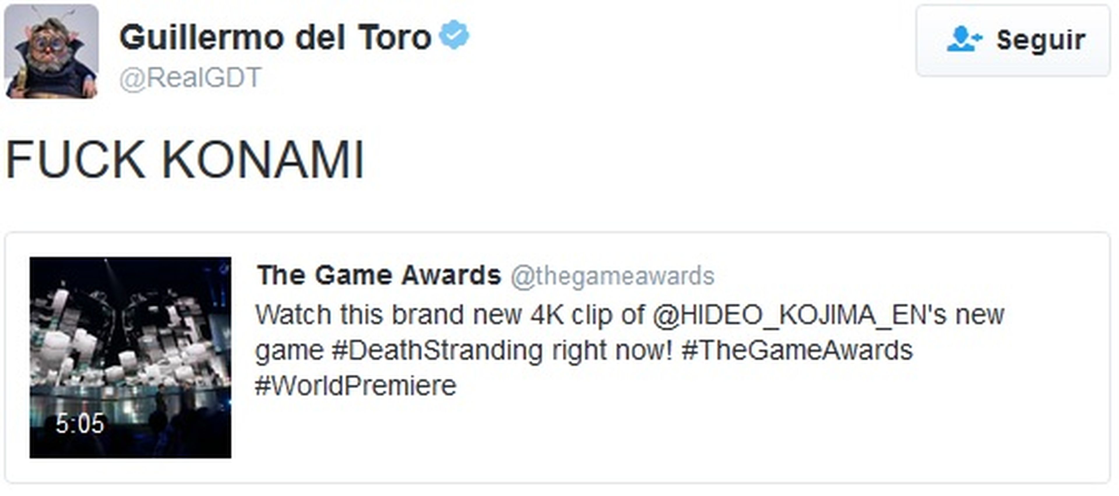 Tweet de Guillermo del Toro: "¡Que te jodan Konami!"