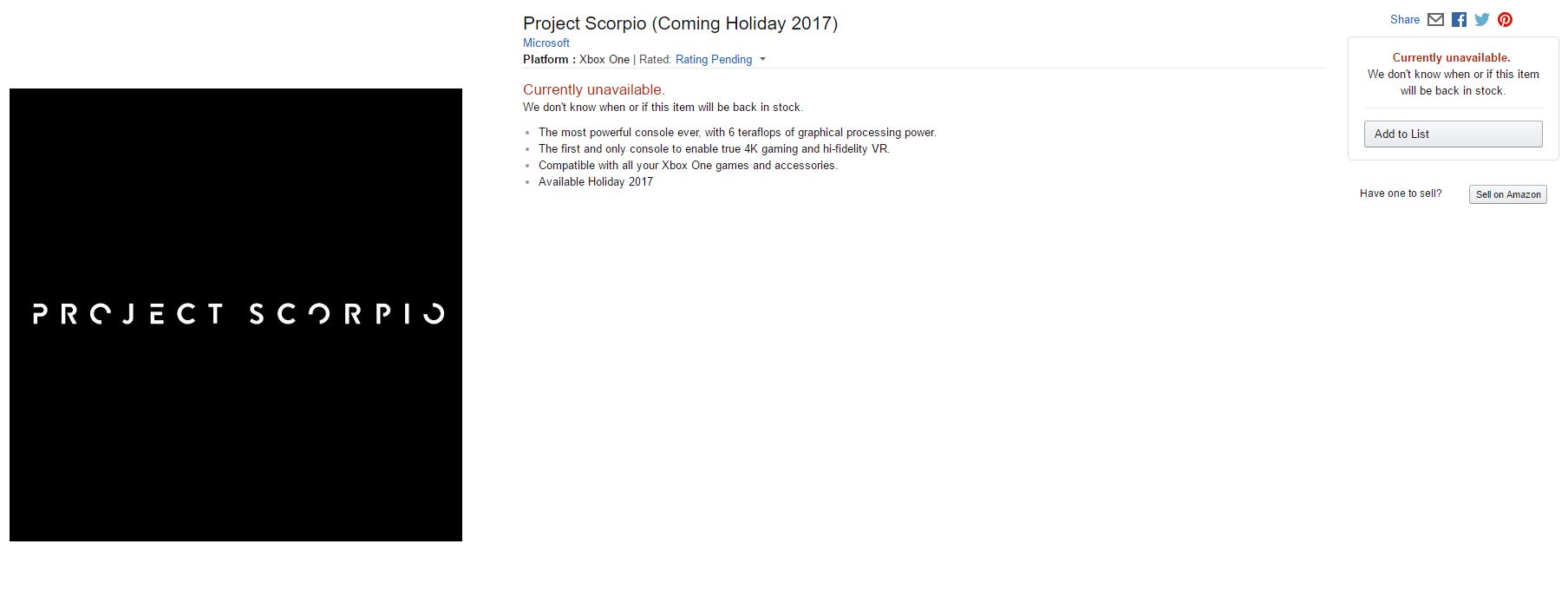 Project Scorpio aparece listada en Amazon Project Scorpio aparece listada en Amazon