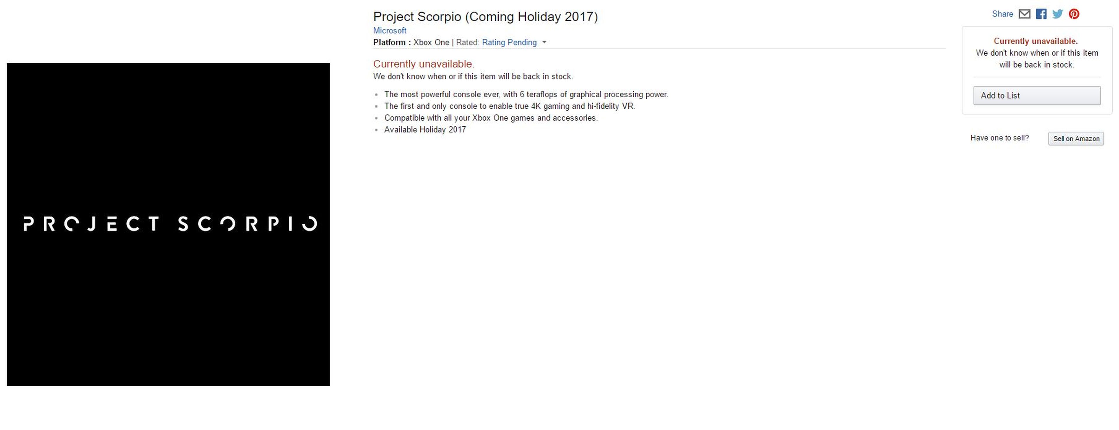 Project Scorpio aparece listada en Amazon