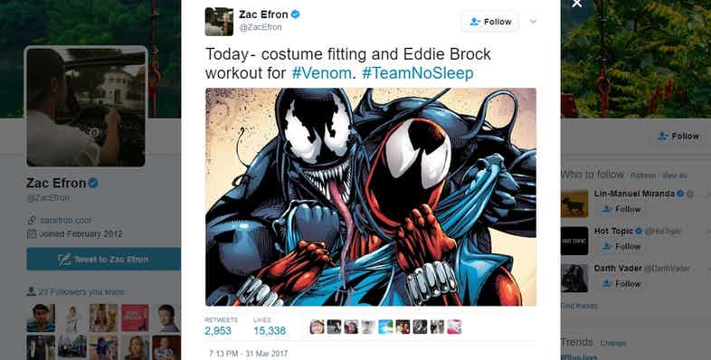 Venom Zack Efron , Marvel, Twitter