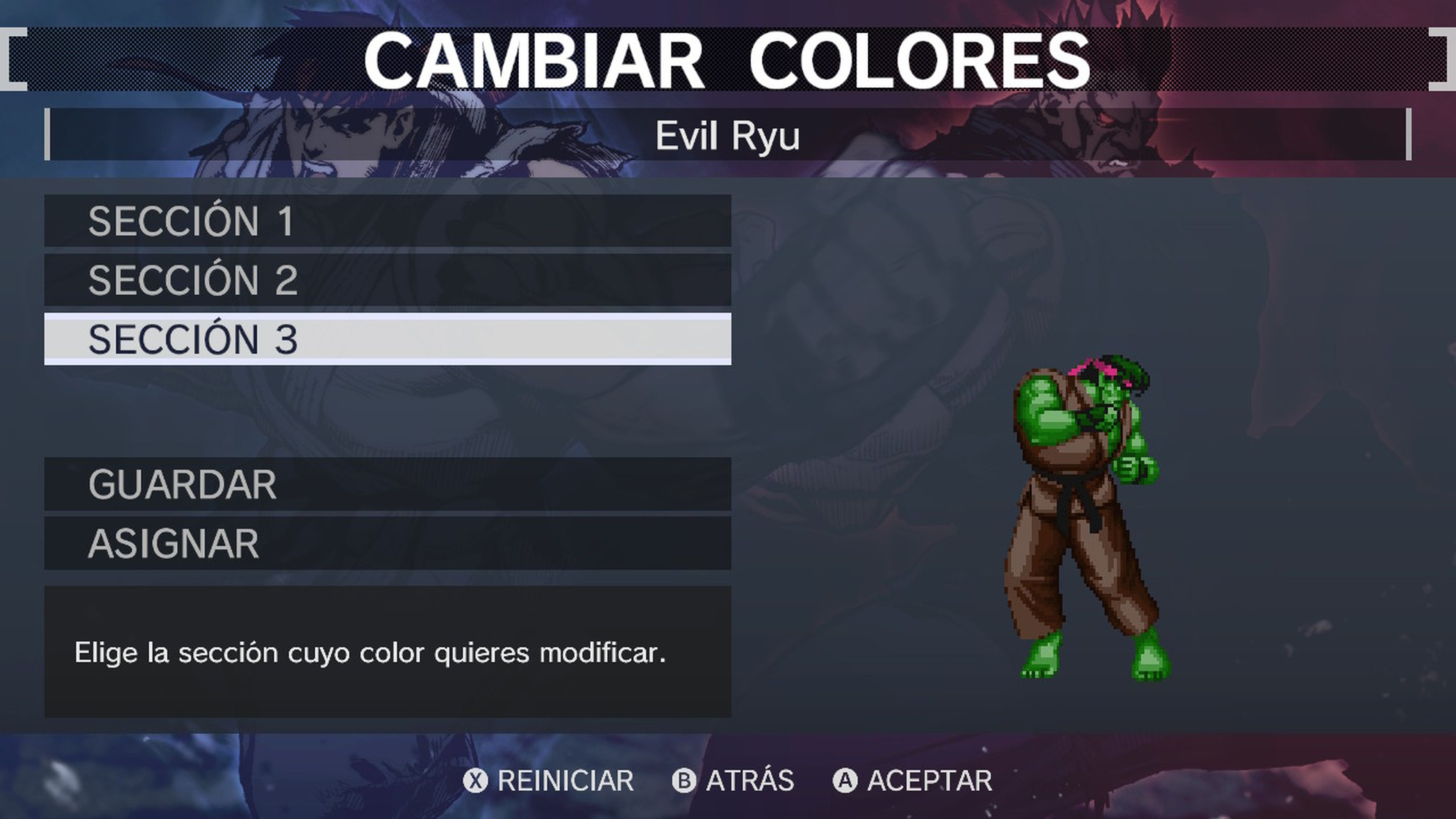 Entre los extras de Ultra Street Fighter II hay una galería dei imágenes, unas completas estadísticas y este editor de colores para modificar las apariencias de todos los luchadores. ¡Mira! ¡Un Hulk-Ryu!