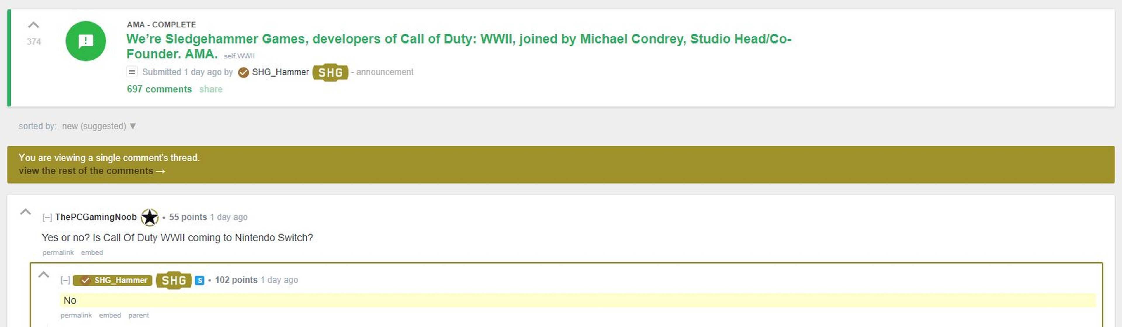 Call of Duty WWII - Sledgehammer asegura que no llegará a Nintendo Switch