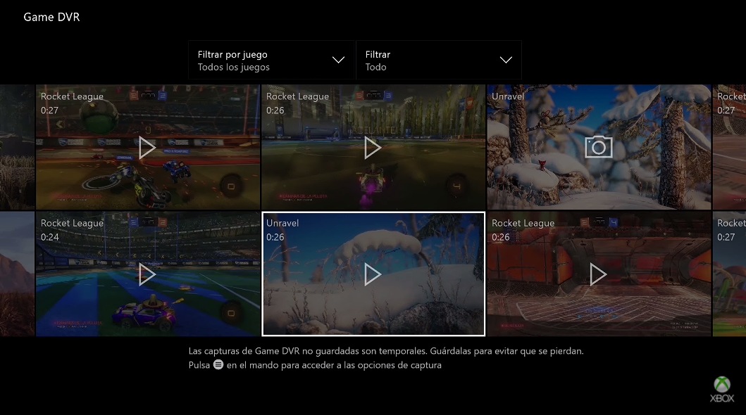 Videos almacenados Xbox One Capturar pantallas y gameplay en Xbox One