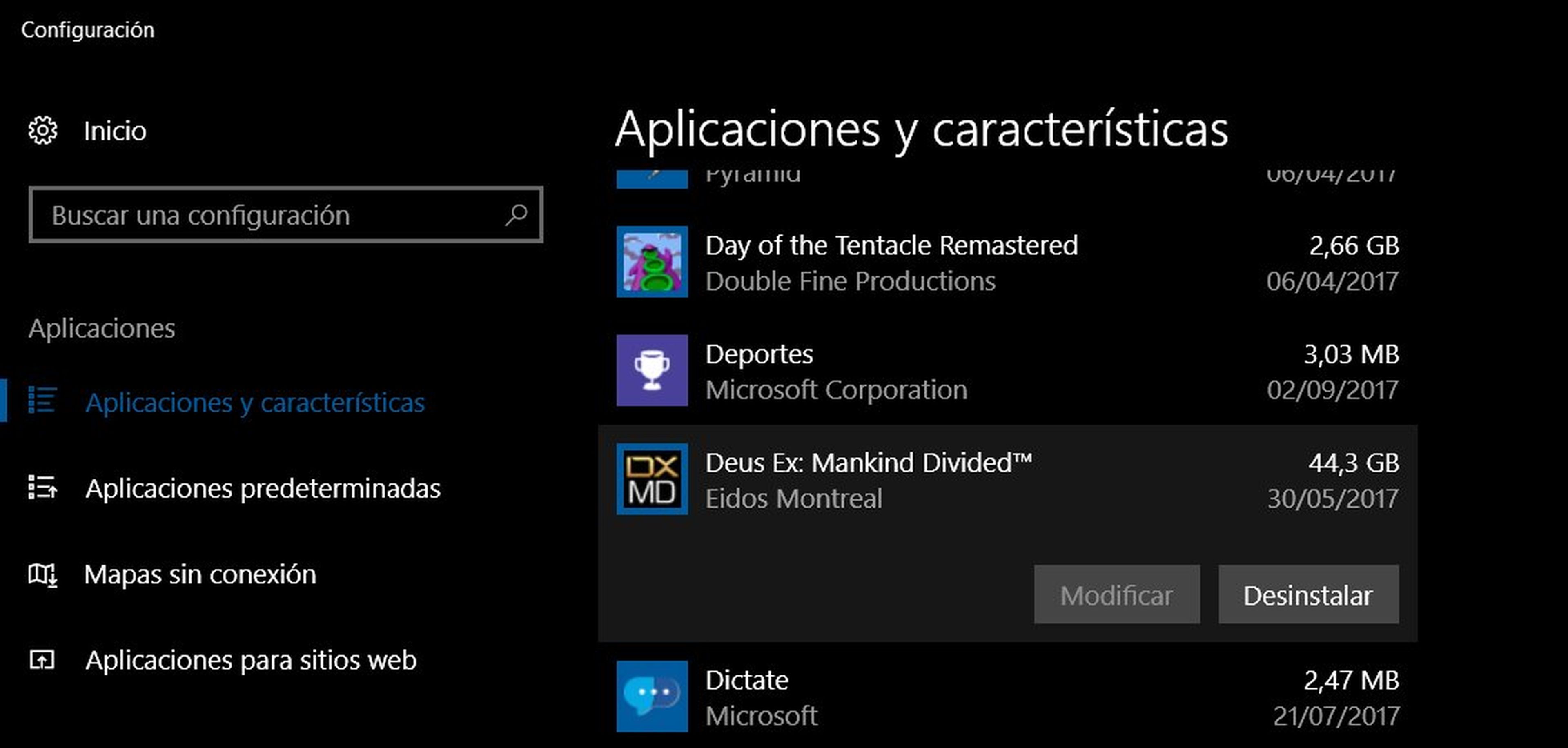 Desinstalación de aplicaciones Windows 10