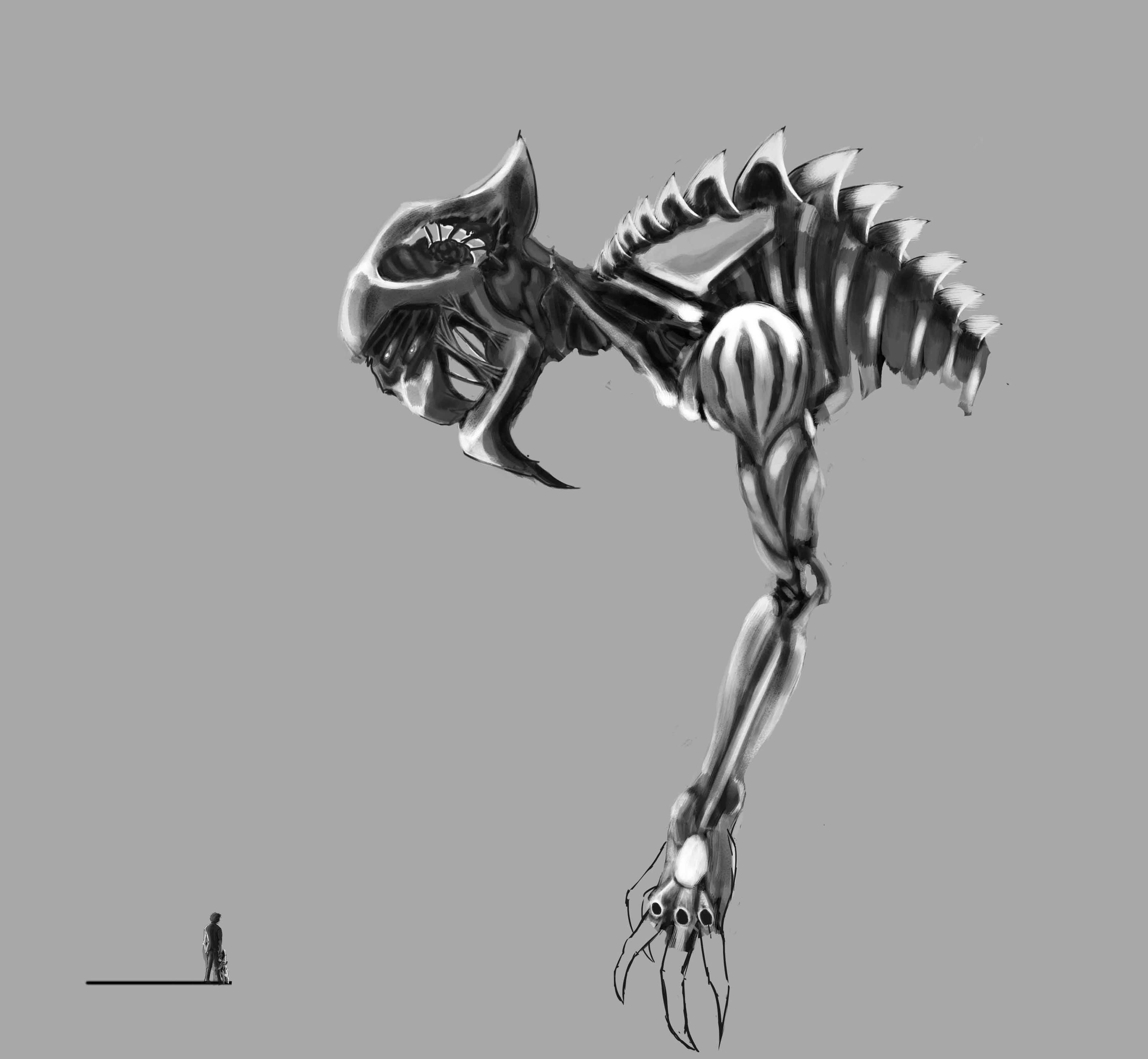El boceto del enemigo final, Yomu, da una idea aproximada de sus gigantescas proporciones.