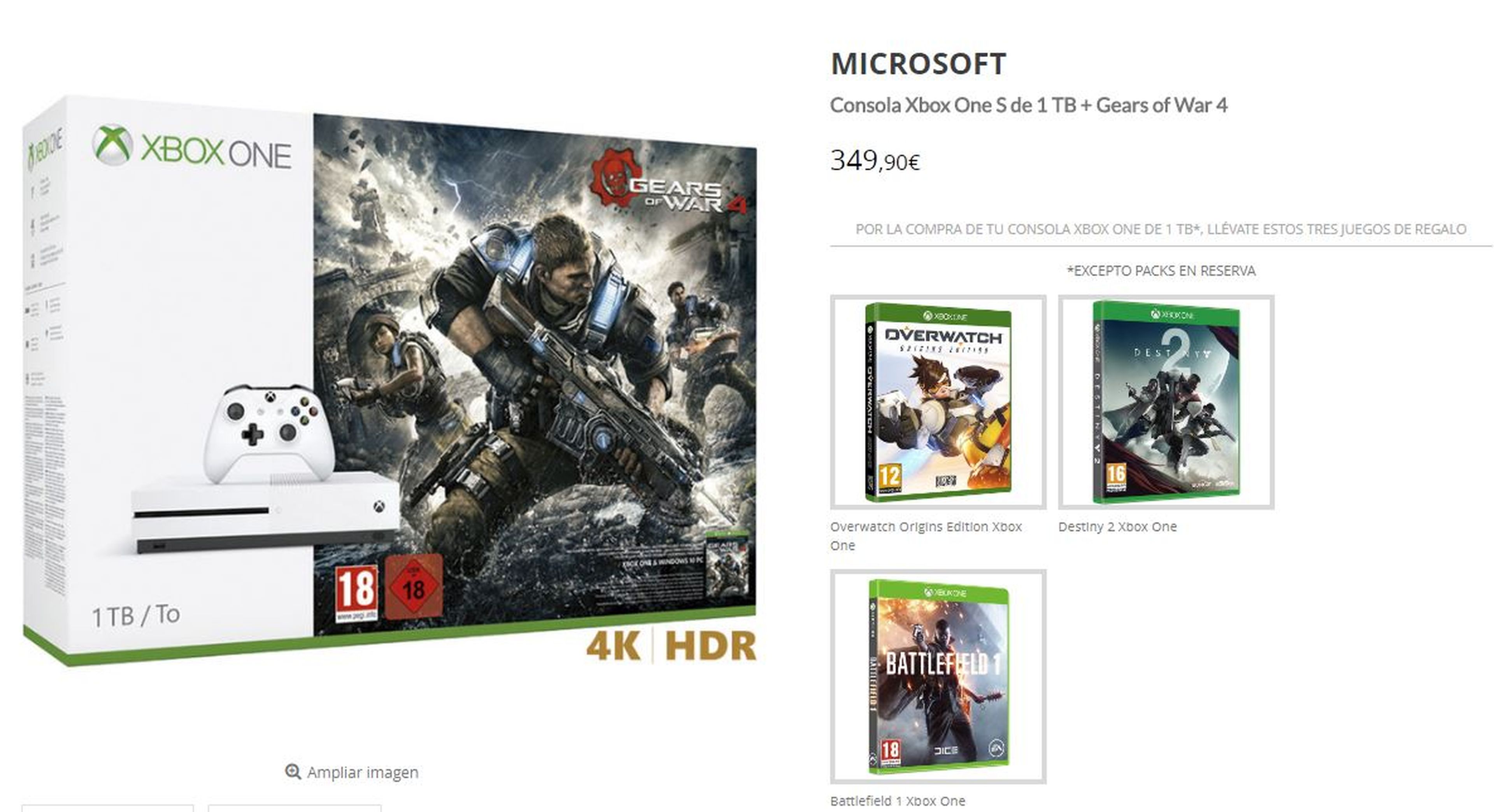 Xbox One S + 4 juegos por 349 €
