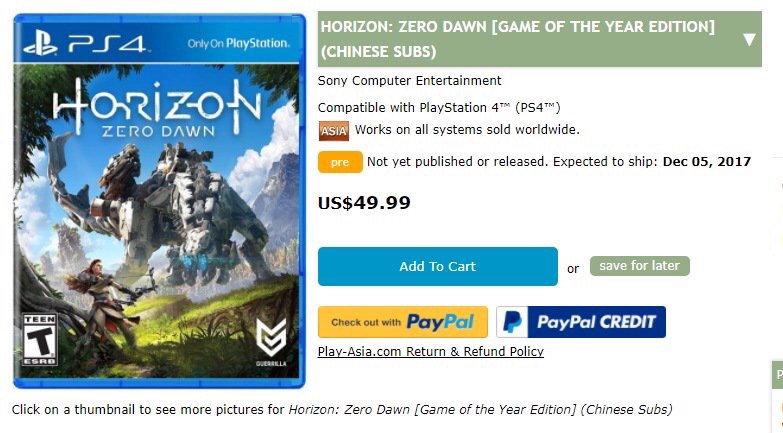 Horizon Zero Dawn GOTY Horizon Zero Dawn GOTY filtrada por Play-Asia