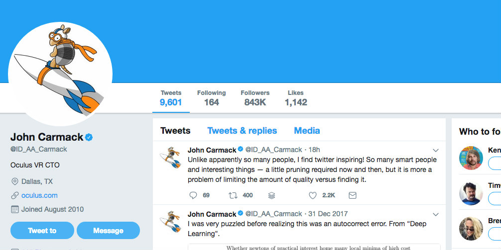 Las seis personas a las que sigue Elon Musk en Twitter Captura de pantalla del perfil de Twitter del CTO de Oculus, John Carmack