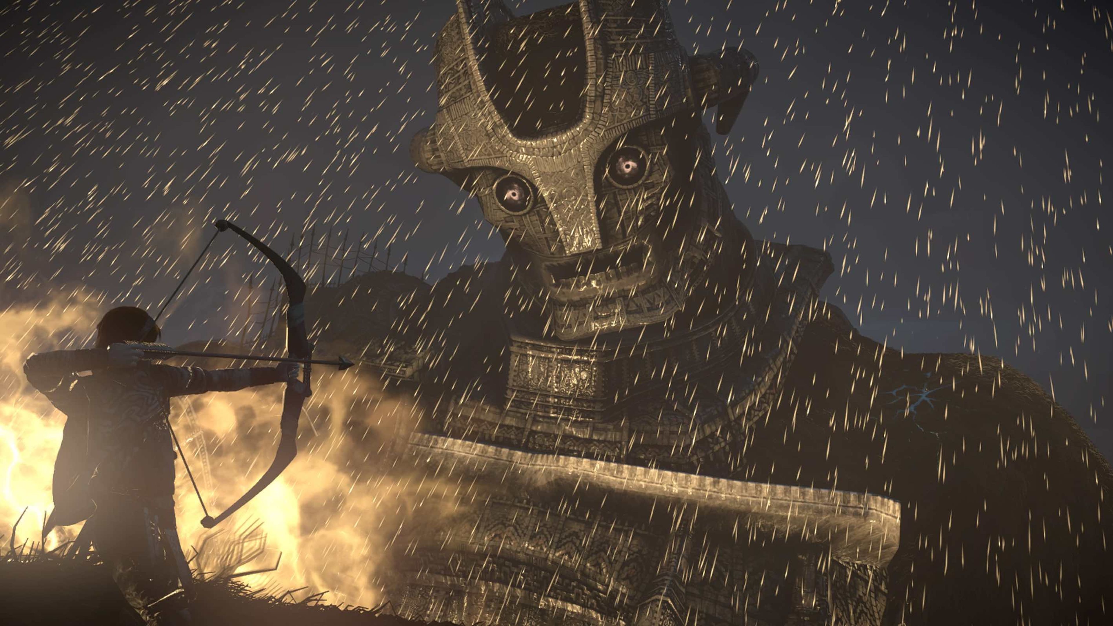Shadow of the Colossus consigue correr a 60 fps constantes y fluidos en PS4 Pro (30 fps en PS4 Slim). Aunque el entorno esté sobrecargado, como en esta escena lluviosa, rara vez la tasa de fps cae por debajo de los límites fijados.