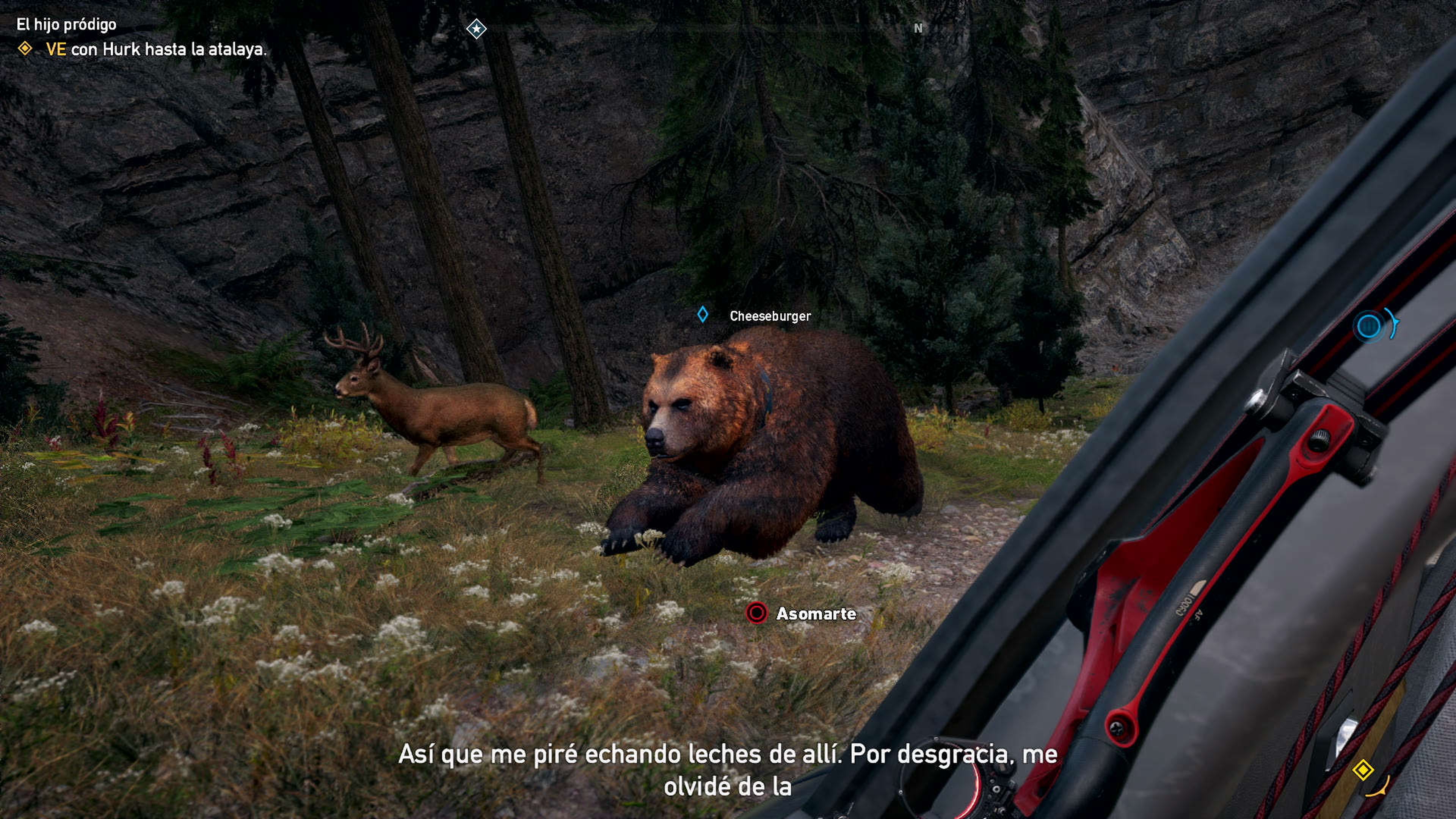 El oso Cheeseburger, estrella indiscutible de Far Cry 5, nos sigue a todas partes. Una pena no poder subirlo al coche.