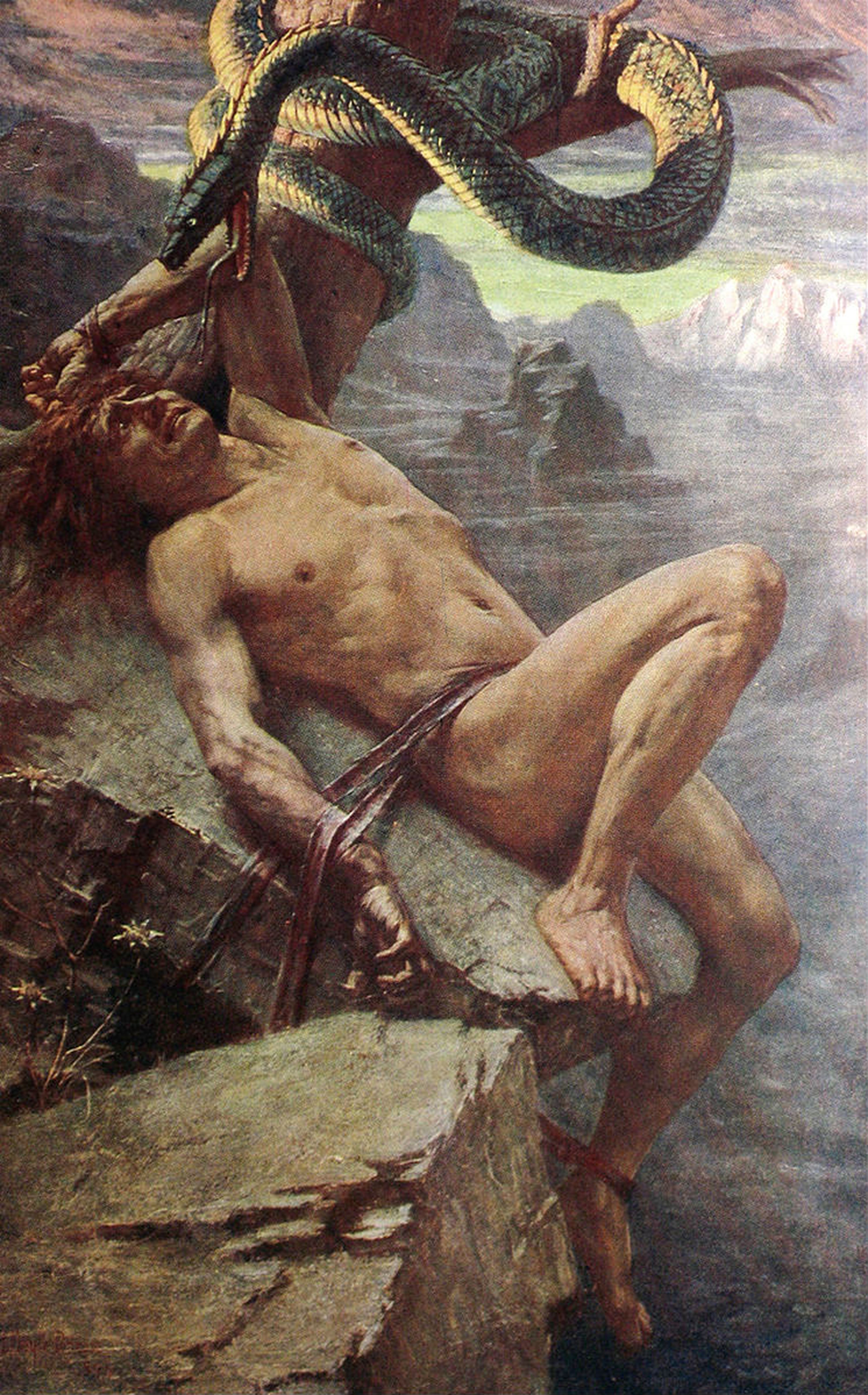 "El Cástigo de Loki" por el artista James Doyle Penrose, en el libro "Mitos y Leyendas Teutonas" de Donald A. Mackenzie.