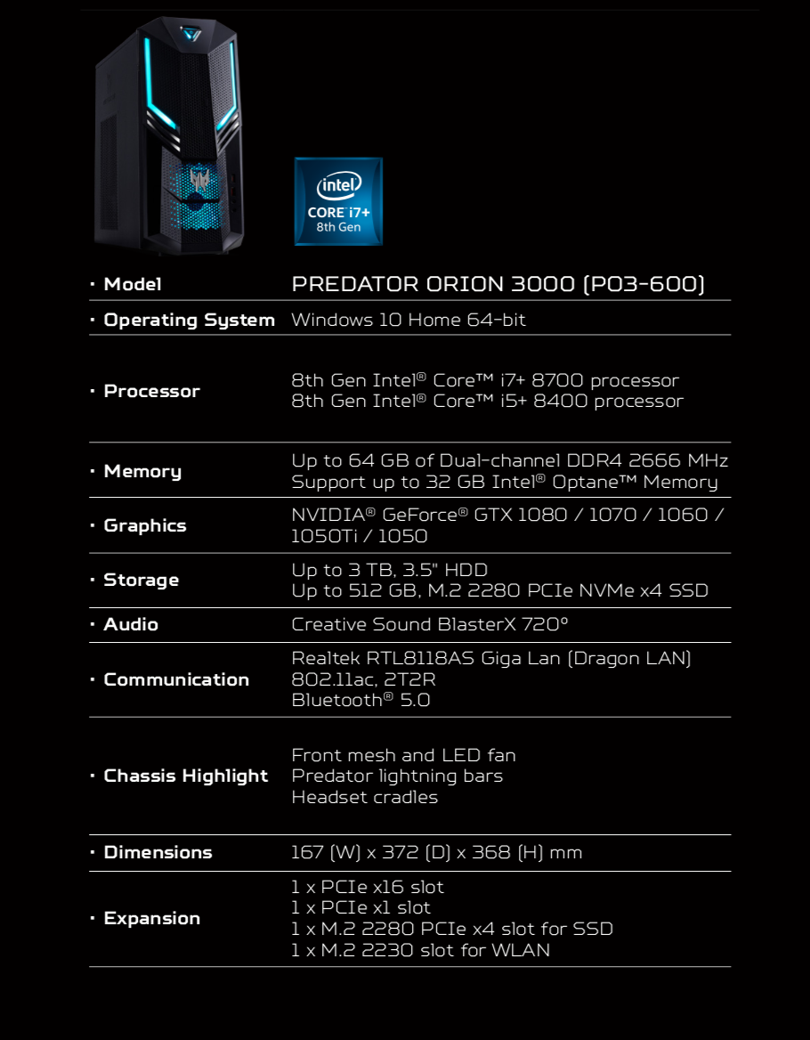 Acer Predator Orion 3000 características Acer Predator Orion 3000 características