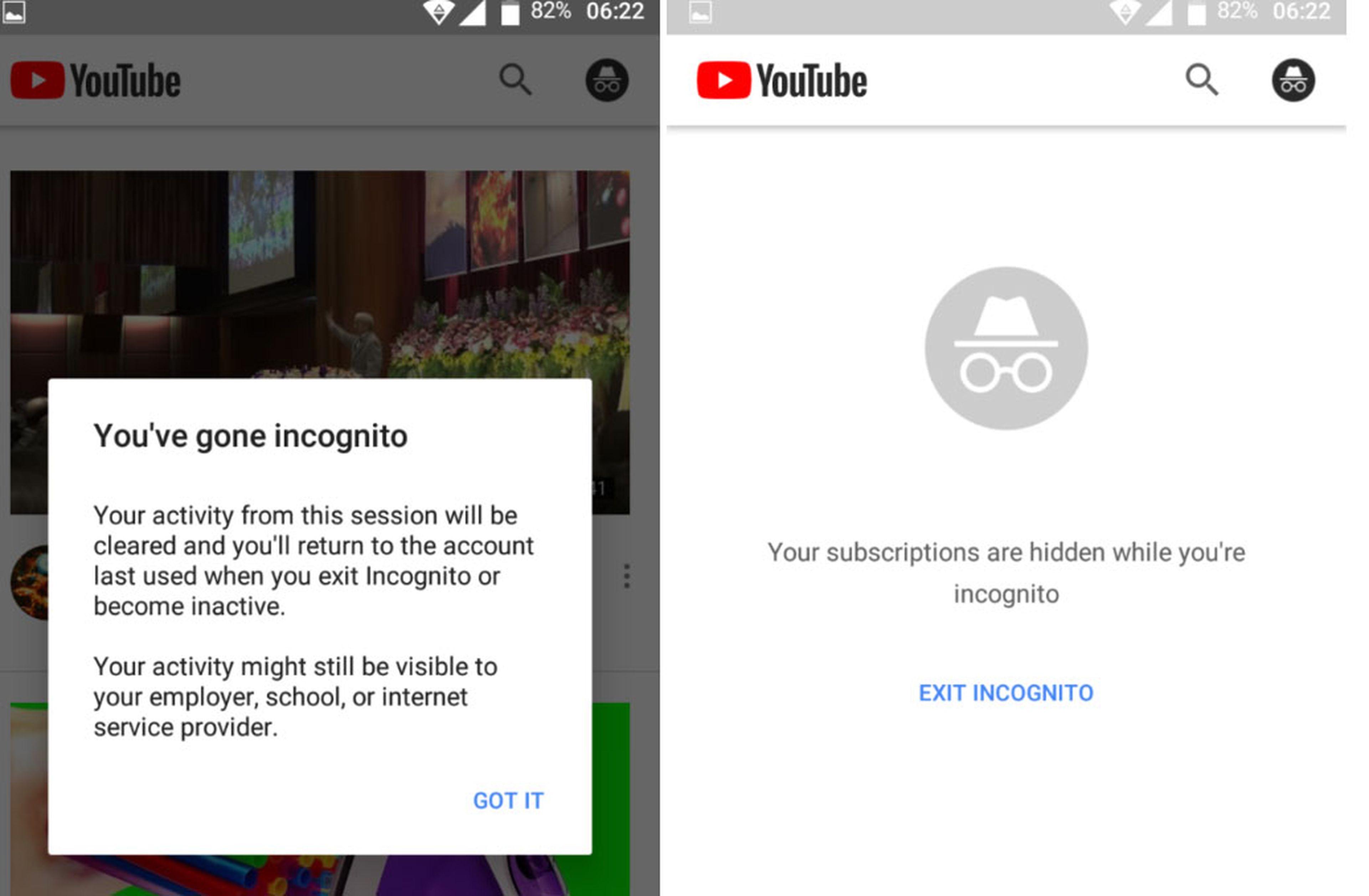 Modo incógnito YouTube Android
