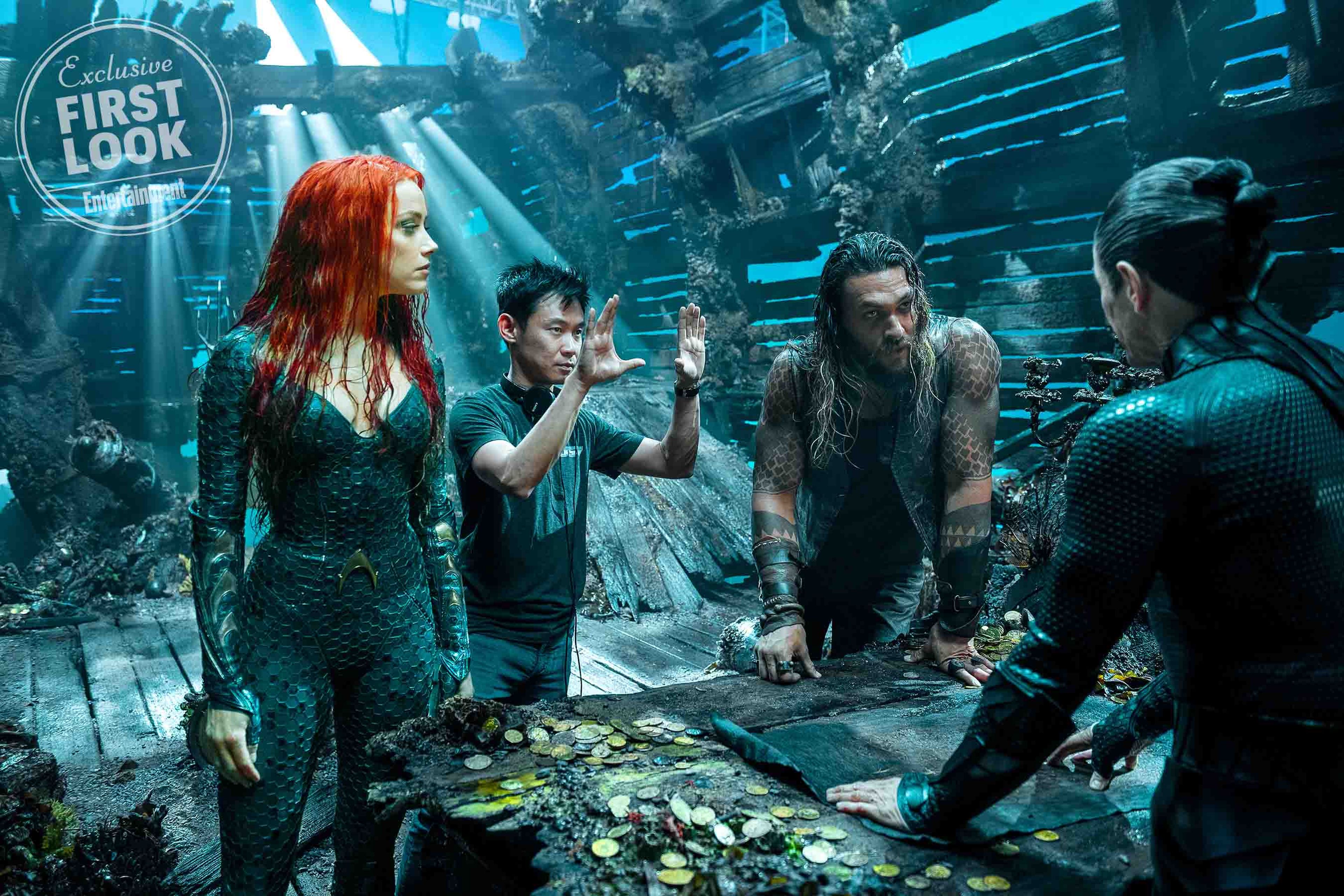 James Wan con Amber Heard, Jason Momoa y Willem Dafoe en Aquaman