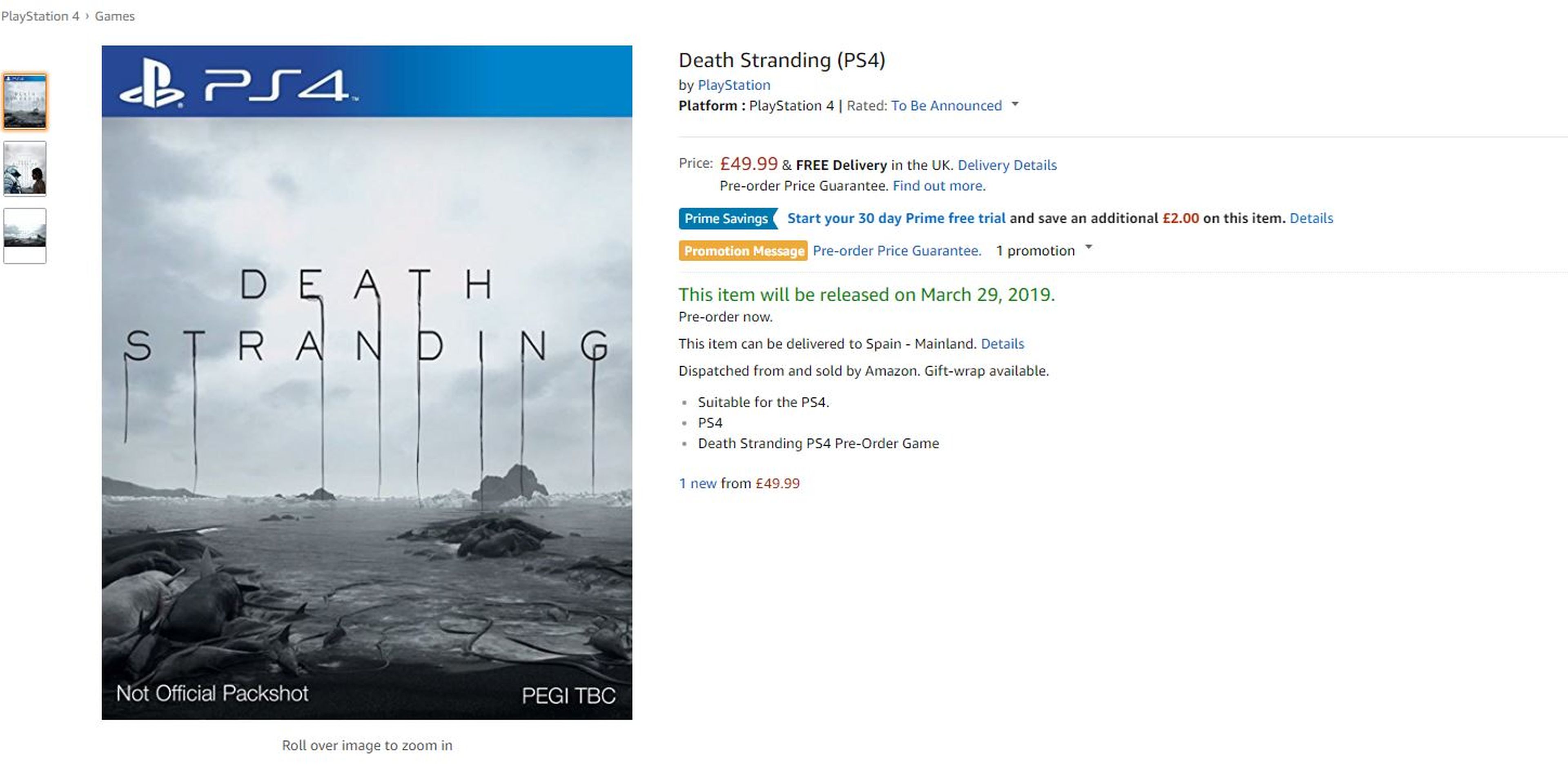 Death Stranding listado en Amazon