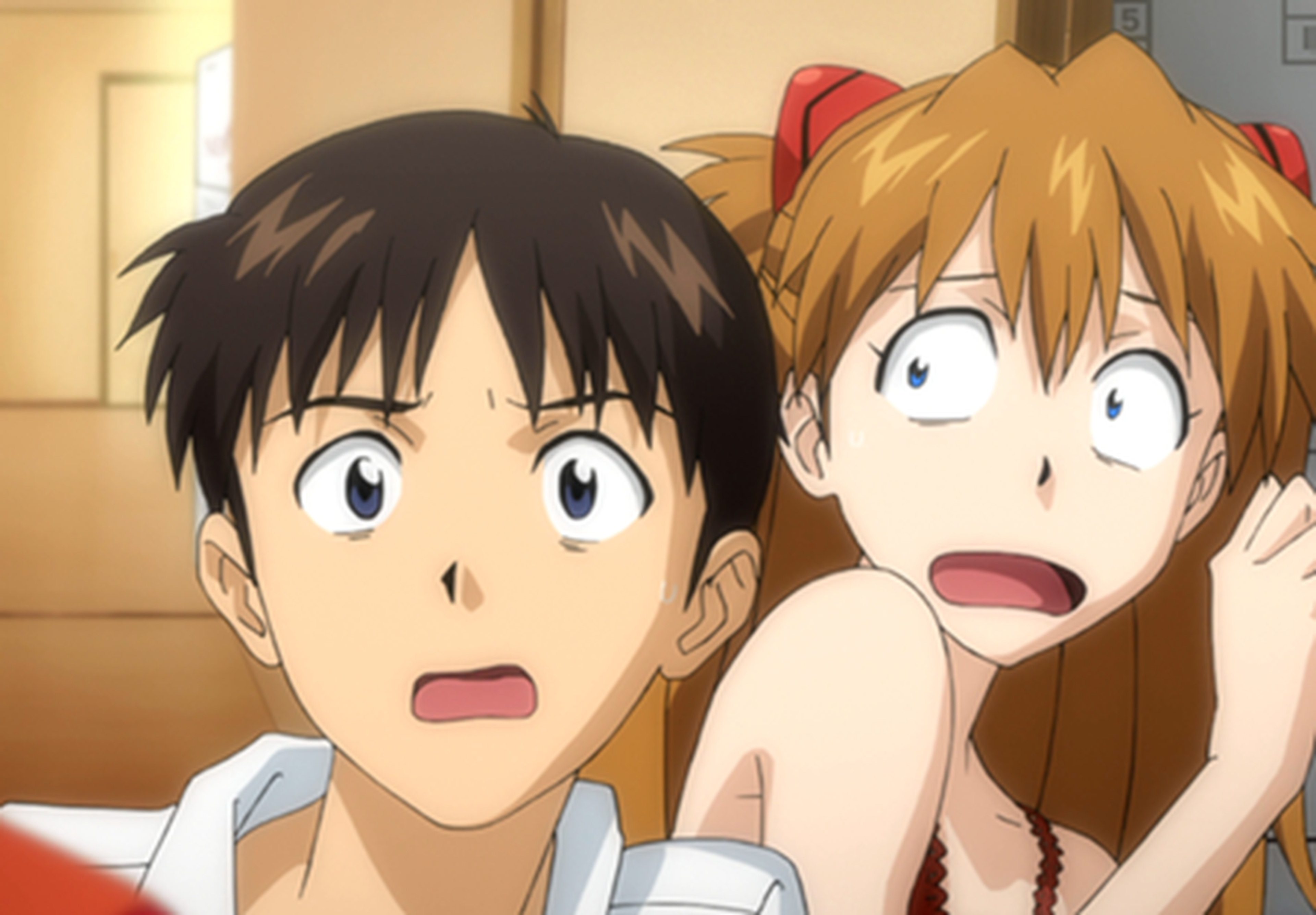 Evangelion - Shinji y Asuka sorprendidos