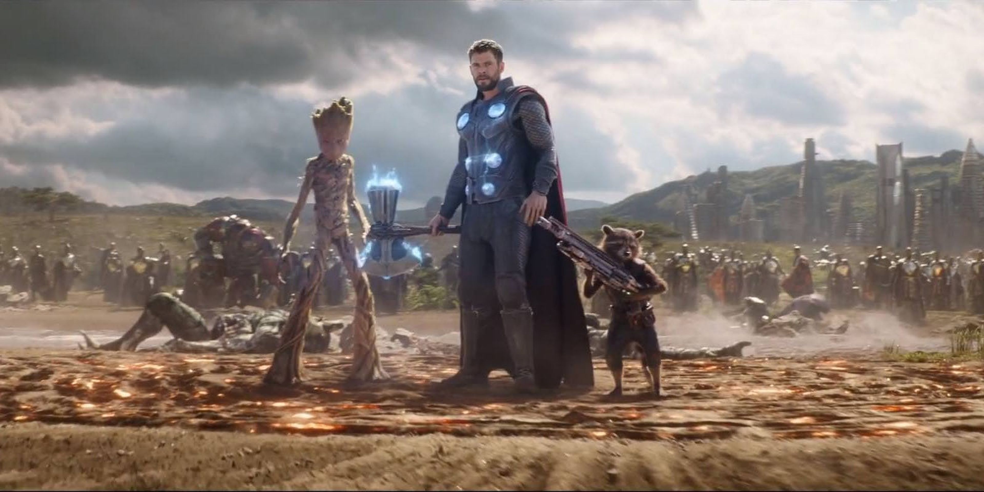 Groot, Thor y Rocket Racoon en Vengadores: Infinity War