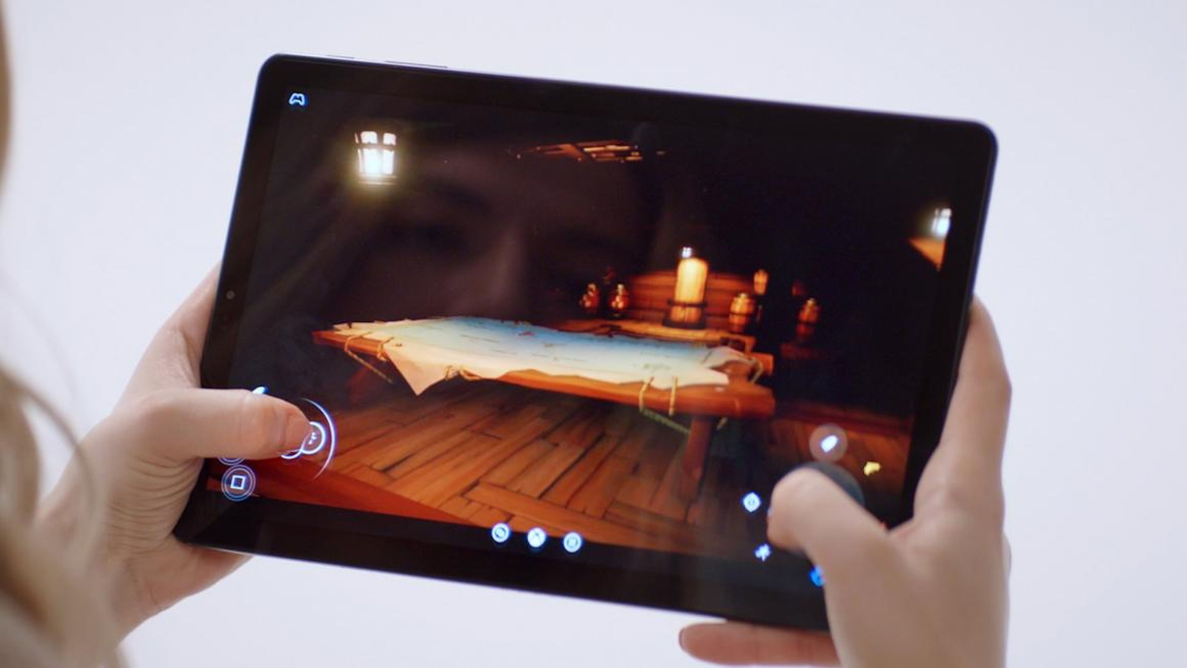 Instead of using an Xbox gamepad, virtual buttons represent the gamepad on this tablet running Project xCloud game streaming.