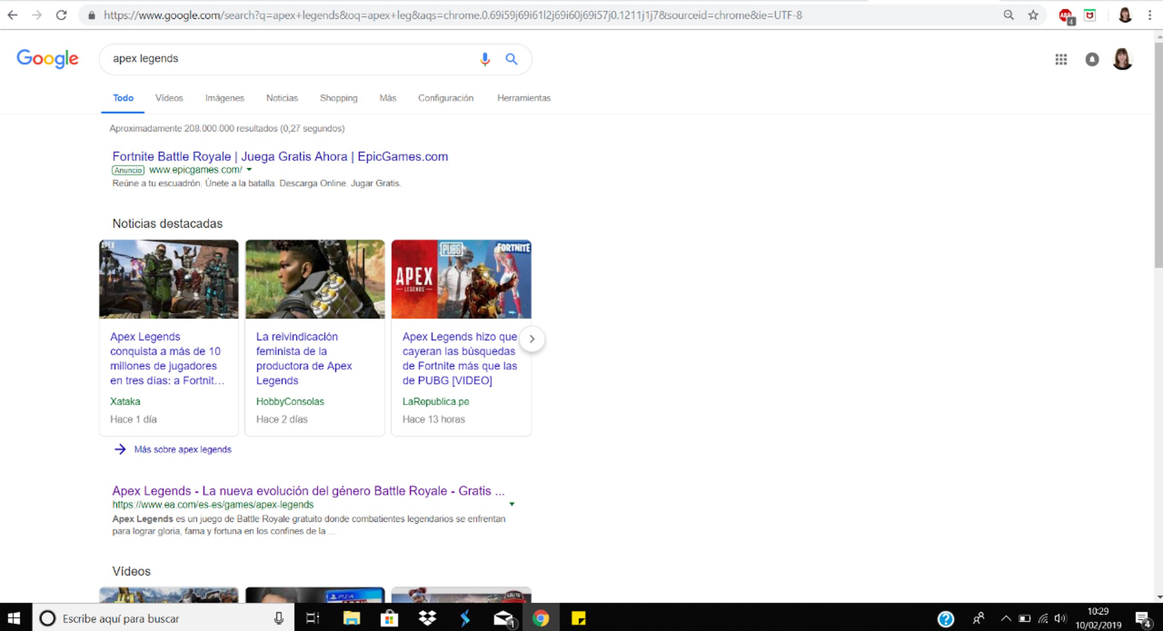 Fortnite aparece en las búsquedas de Apex Legends en Google