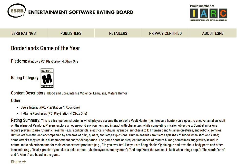 Borderlands GOTY ESRB Borderlands GOTY ESRB