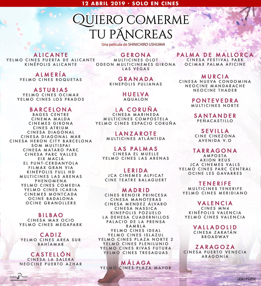 Cines Quiero comerme tu páncreas Cines Quiero comerme tu páncreas