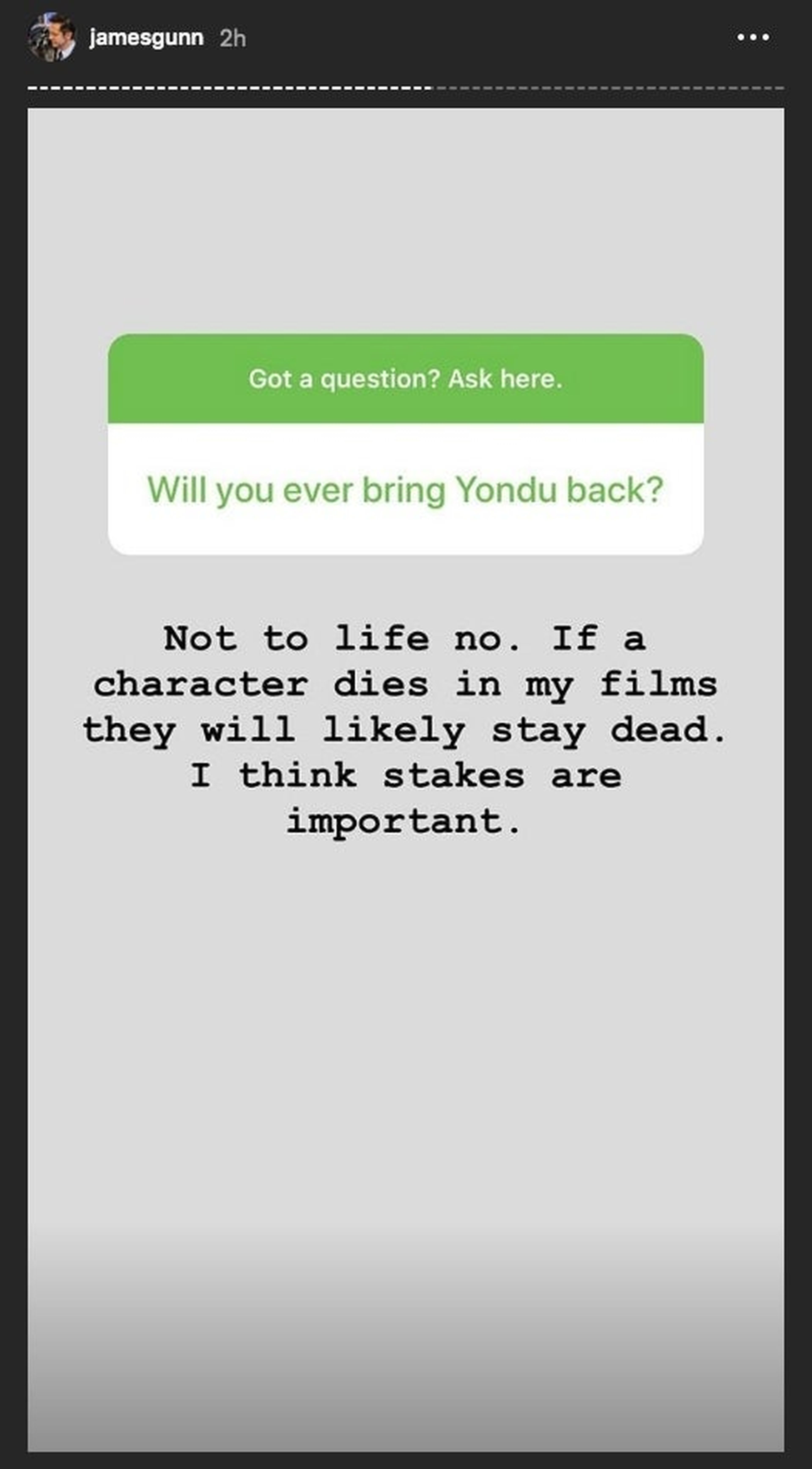 Story de James Gunn sobre el posible regreso de Yondu a Guardianes de la Galaxia 3