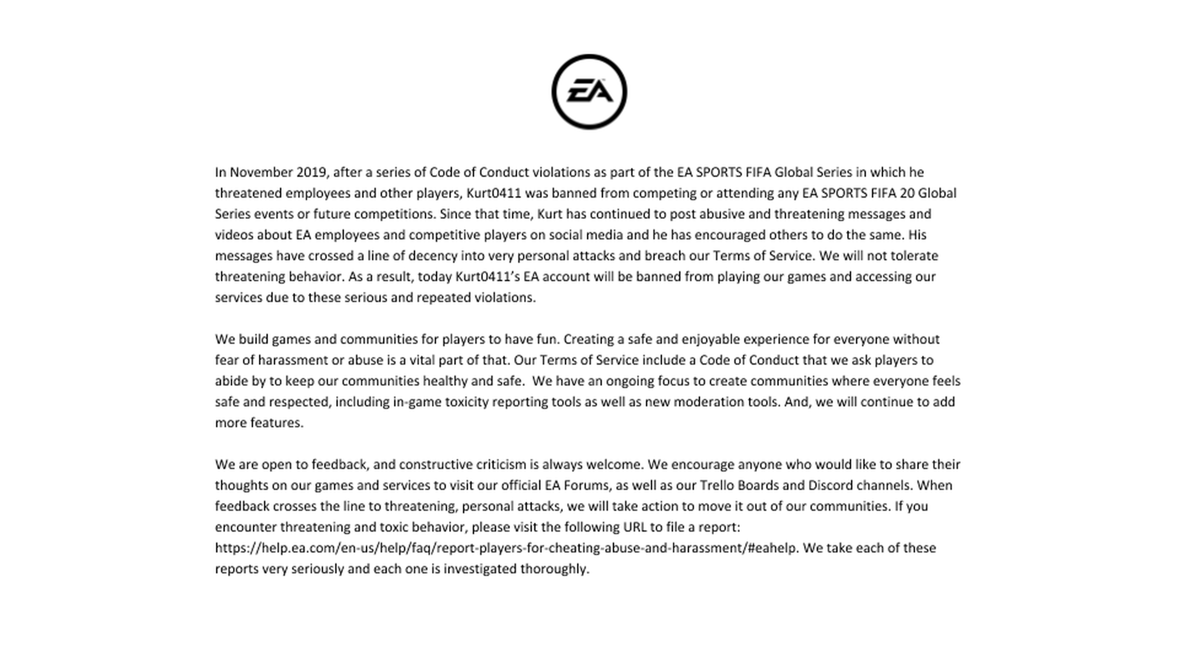 EA Comunicado FIFA 20